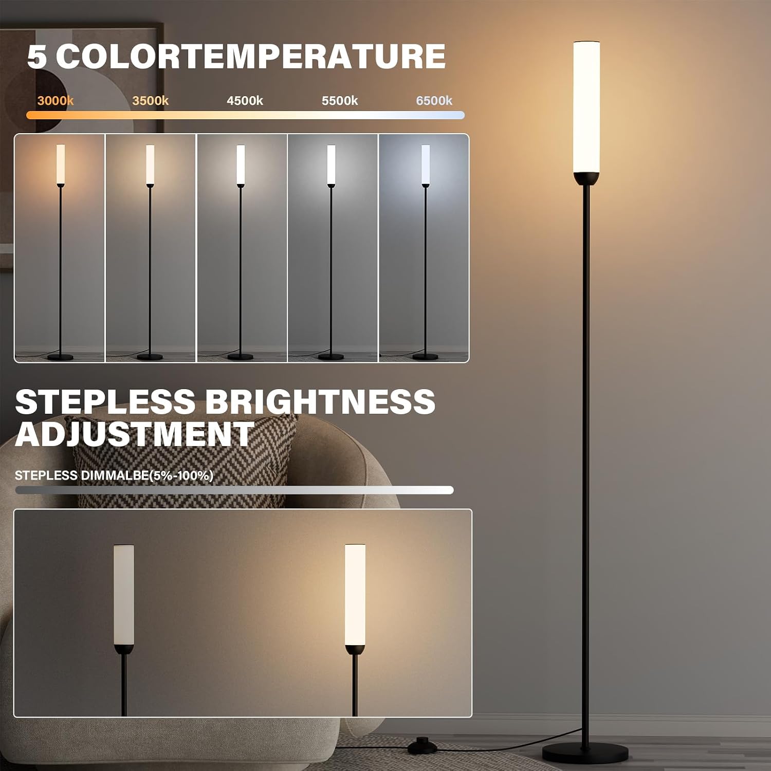 Ambimall LED Floor Lamp with Remote Control, 65" Standing lamp with Stepless Adjustable 3000K-6500K Colors & 30-100% Brightness, Foot…