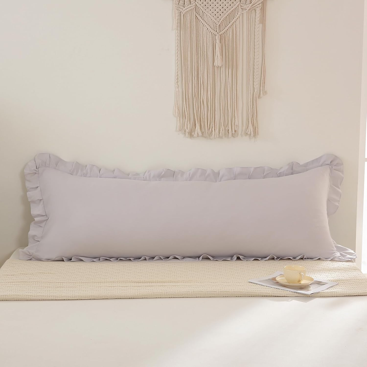 Merryword Beige Gray Body Pillow Cover 20x54inches Long Pillowcase Ruffled Pillowcases Shabby Chic Ruffled Fringe Decor Body Ruffled Pillow…