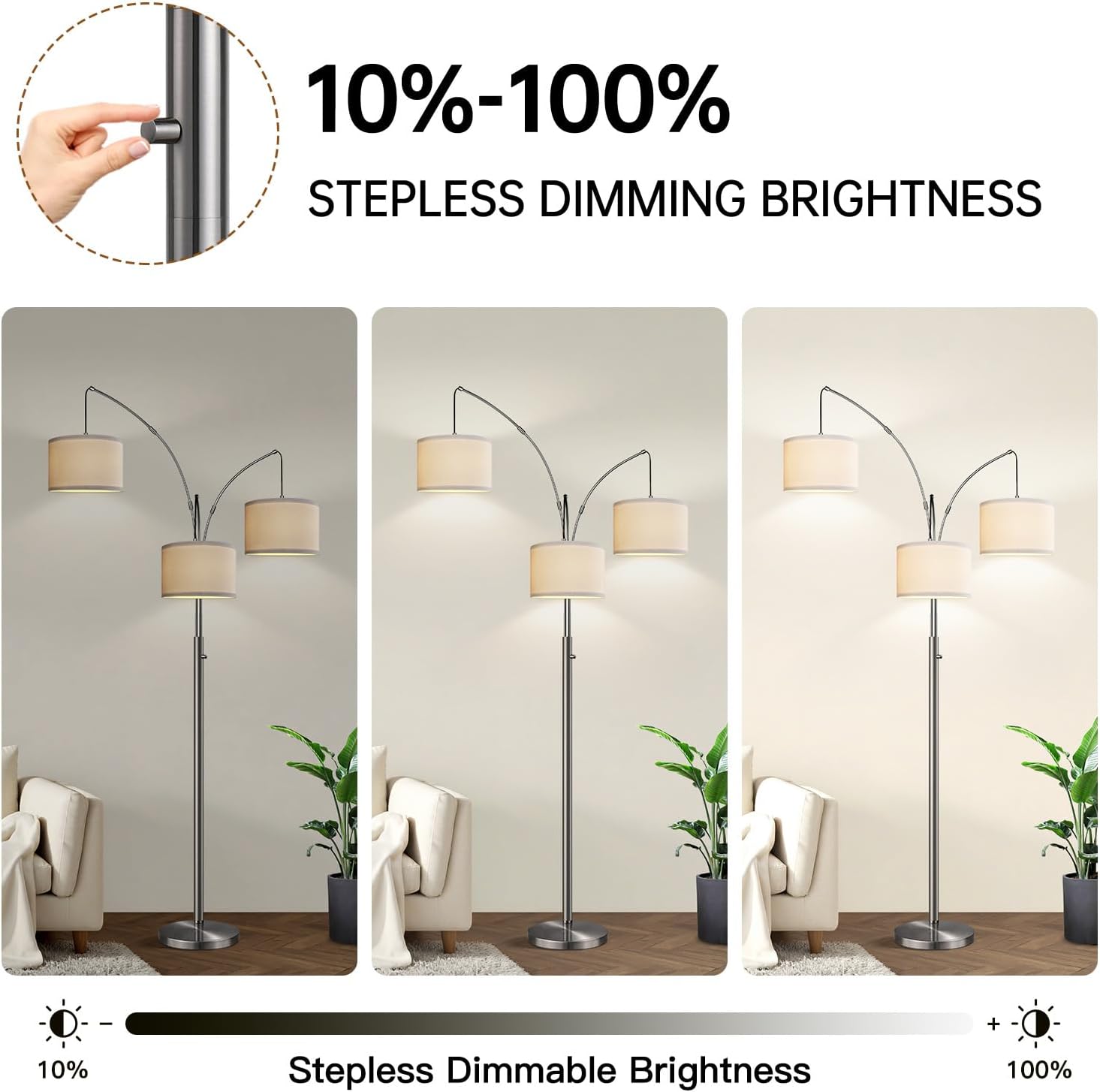 Dimmable Brushed Nickel Floor Lamp, 3 Light Arc Floor Lamp, Modern Tall Standing Tree Lamp with White Shades & Heavy Base, 3000LM Cool…