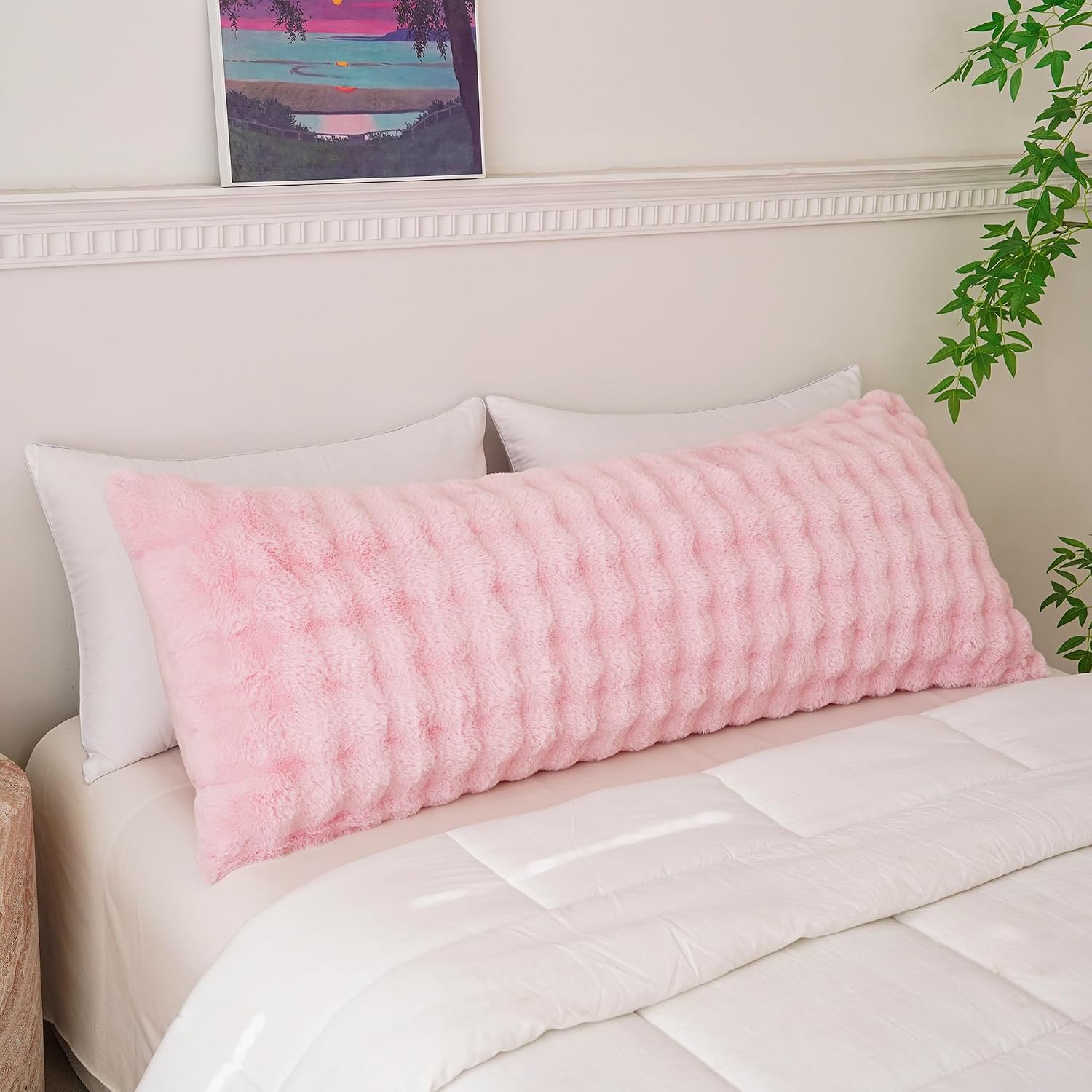 Memfydu Full Body Pillow with Fluffy Bubble Waffle Carved Faux Fur Removable Cover, Long Bed Pillow Adult 20x54 Inches for Side Sleeper and…