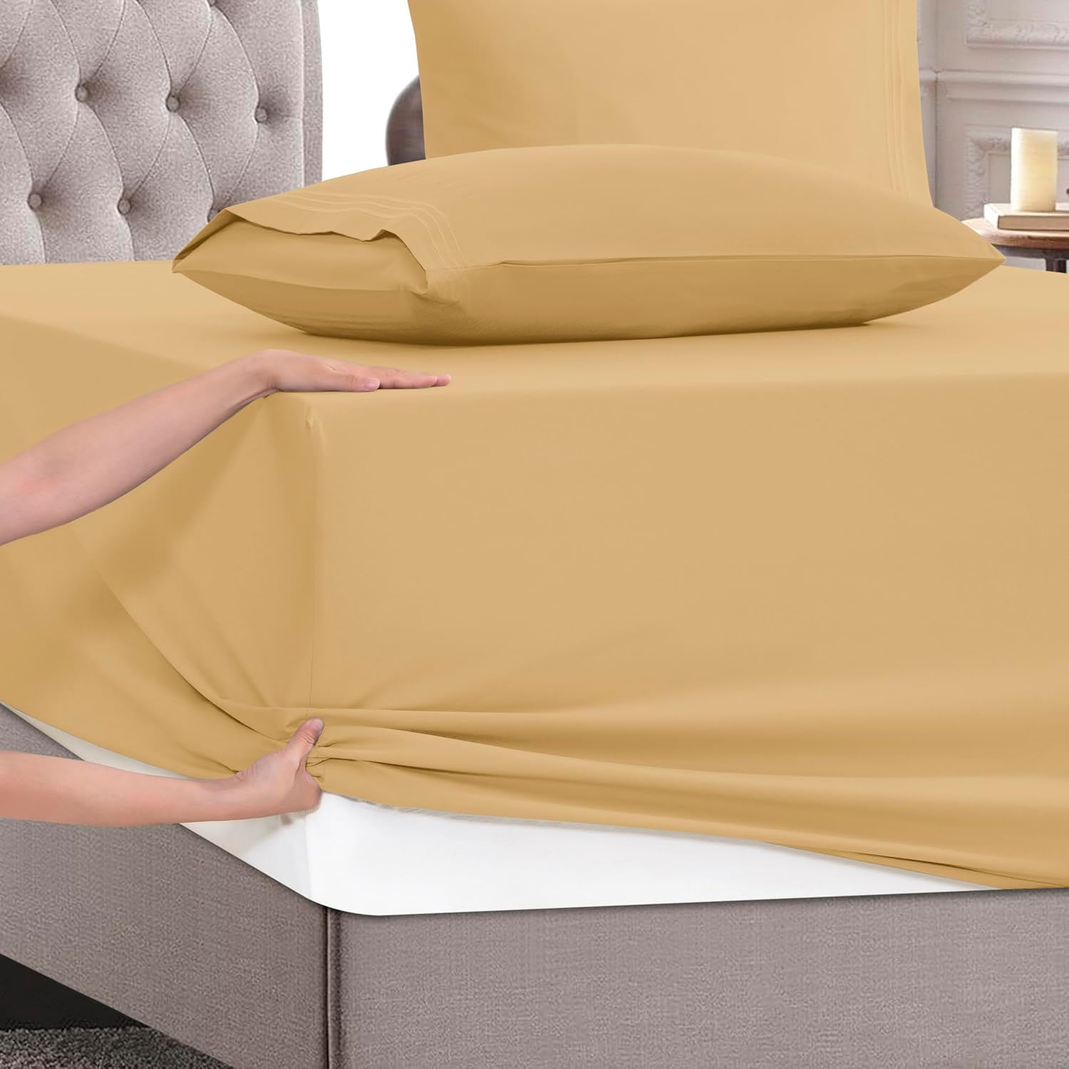 MocassiLuxuryBedding Mocassi Cal King Size 4-Piece Bed Sheet Set - 1800 Hotel Quality Microfiber 18-24 Inches Extra Deep Pocket Fitted Shee…