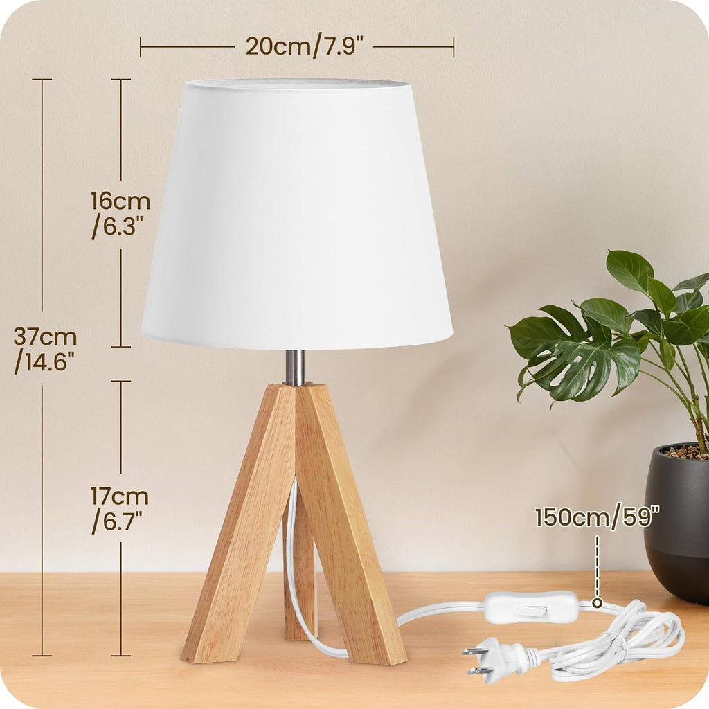 Small Tripod Table Lamp, Modern Nightstand Lamp with Fabric Shade, Boho Bedside Wood Desk Light for Bedroom, Kids Room, Living Room…