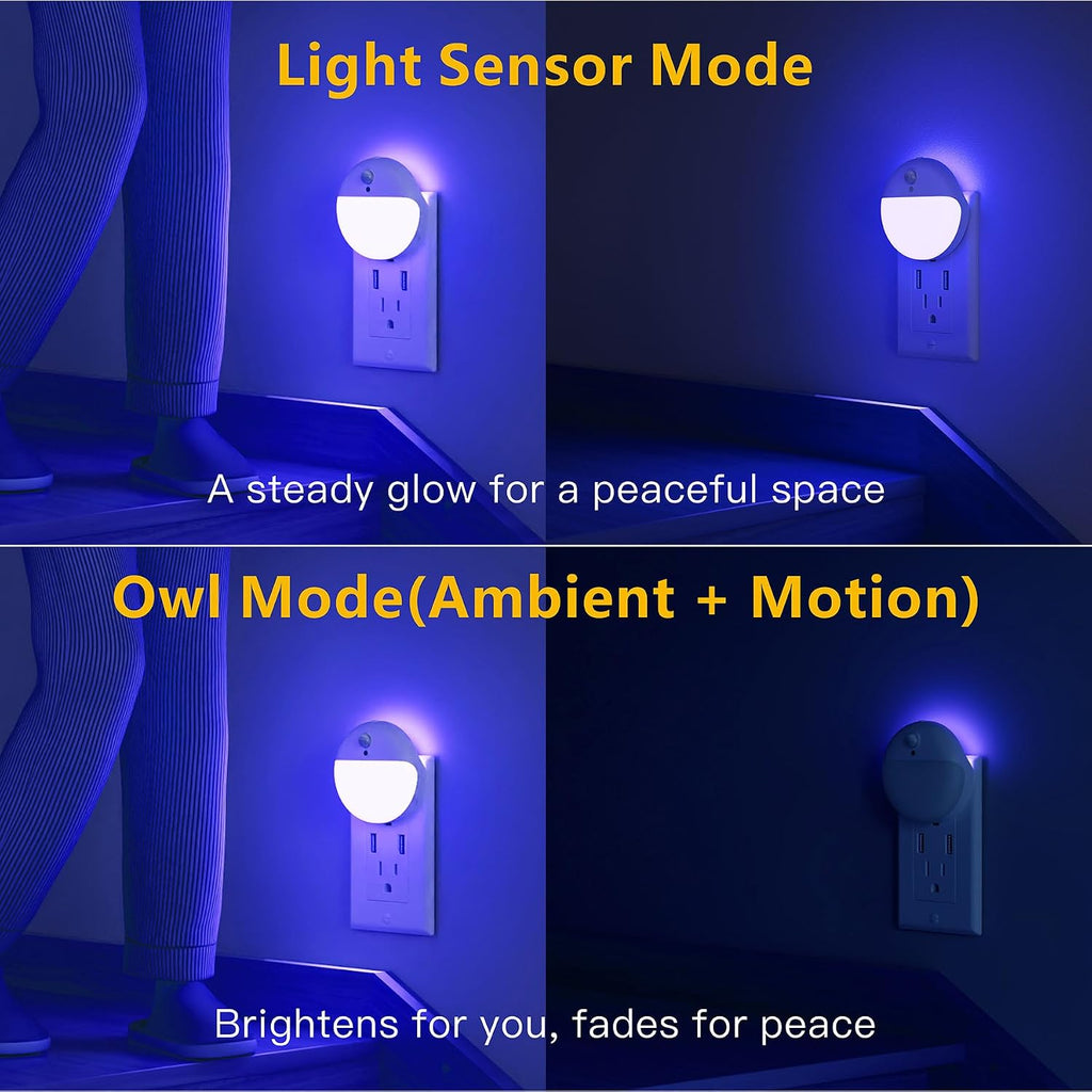 YUNLEX 2 Pack Plug in Night Light with Motion Sensor and Dusk to Dawn Sensor, Stepless Dimming, Blue LED Nightlight with 3 Lighting Ways…