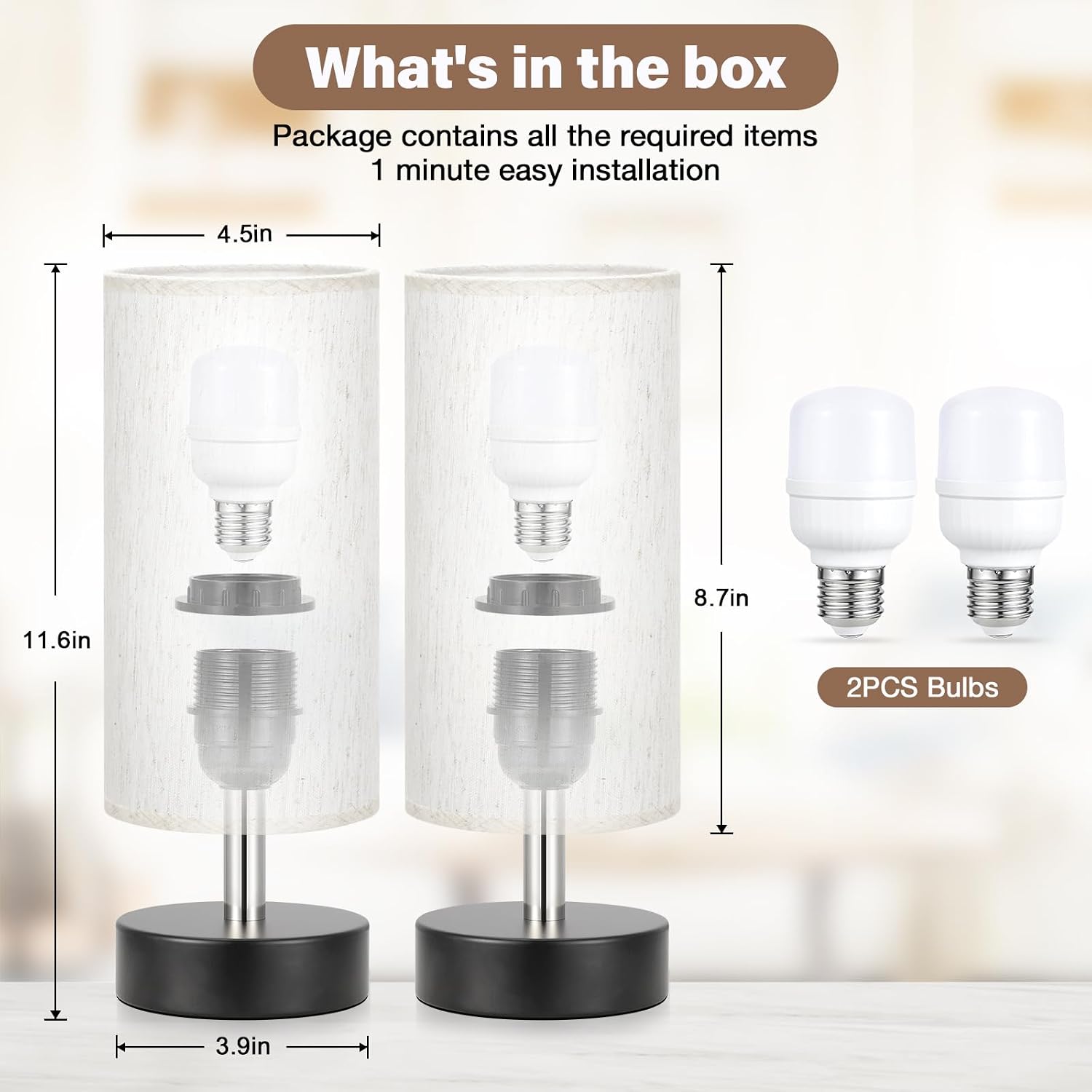 PartageiZ Small Touch Lamps Set of 2 - Table Lamps for Nightstand, Minimalist Bedside Lamps for Bedroom with 3000K Dimmable Bulbs