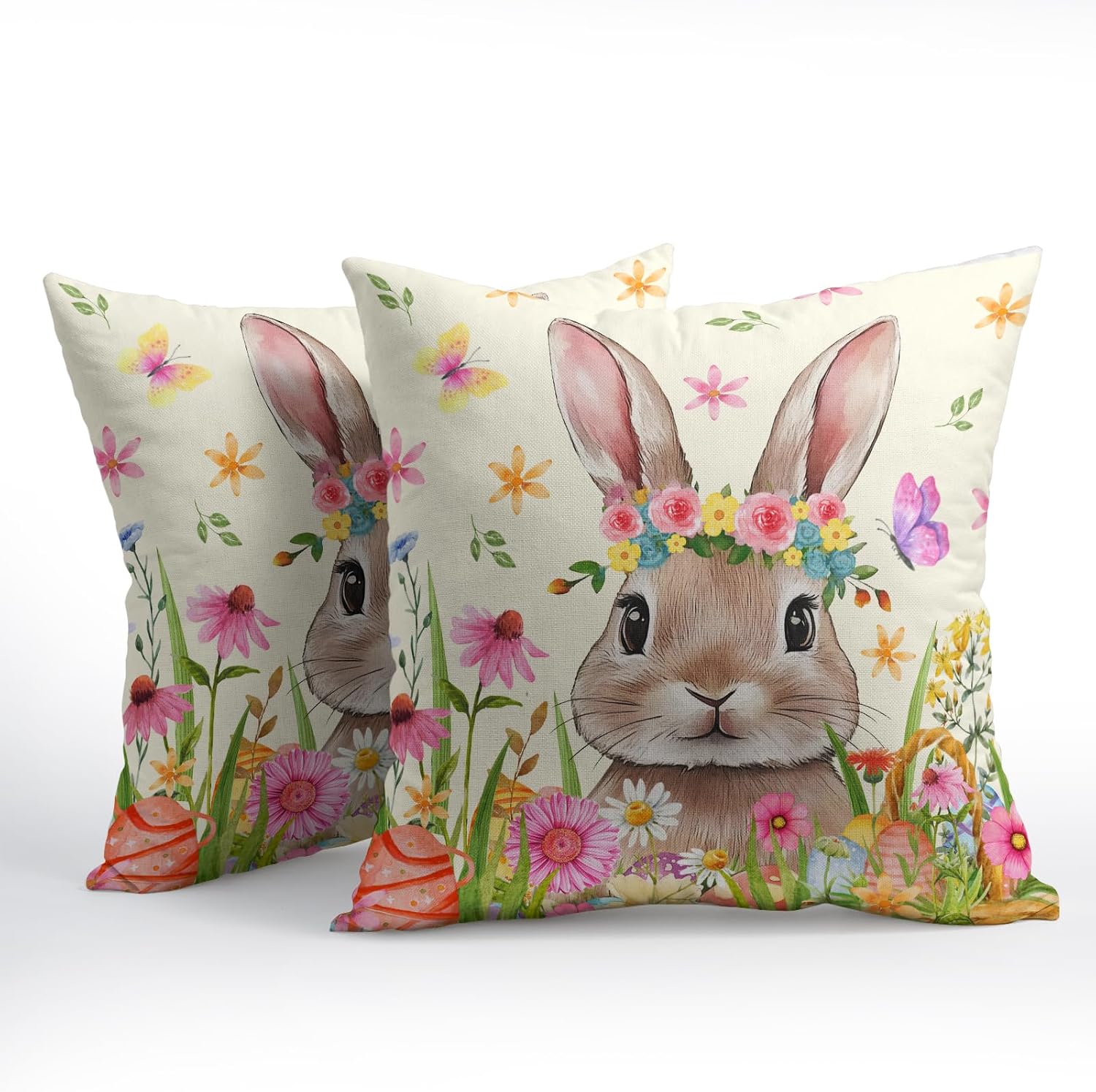 Easter Rabbit Throw Pillow Covers 24x24 Inch Set of 2 Cute Bunny Cotton Linen Square Cushion Case Spring Colorful Floral Easter Theme…