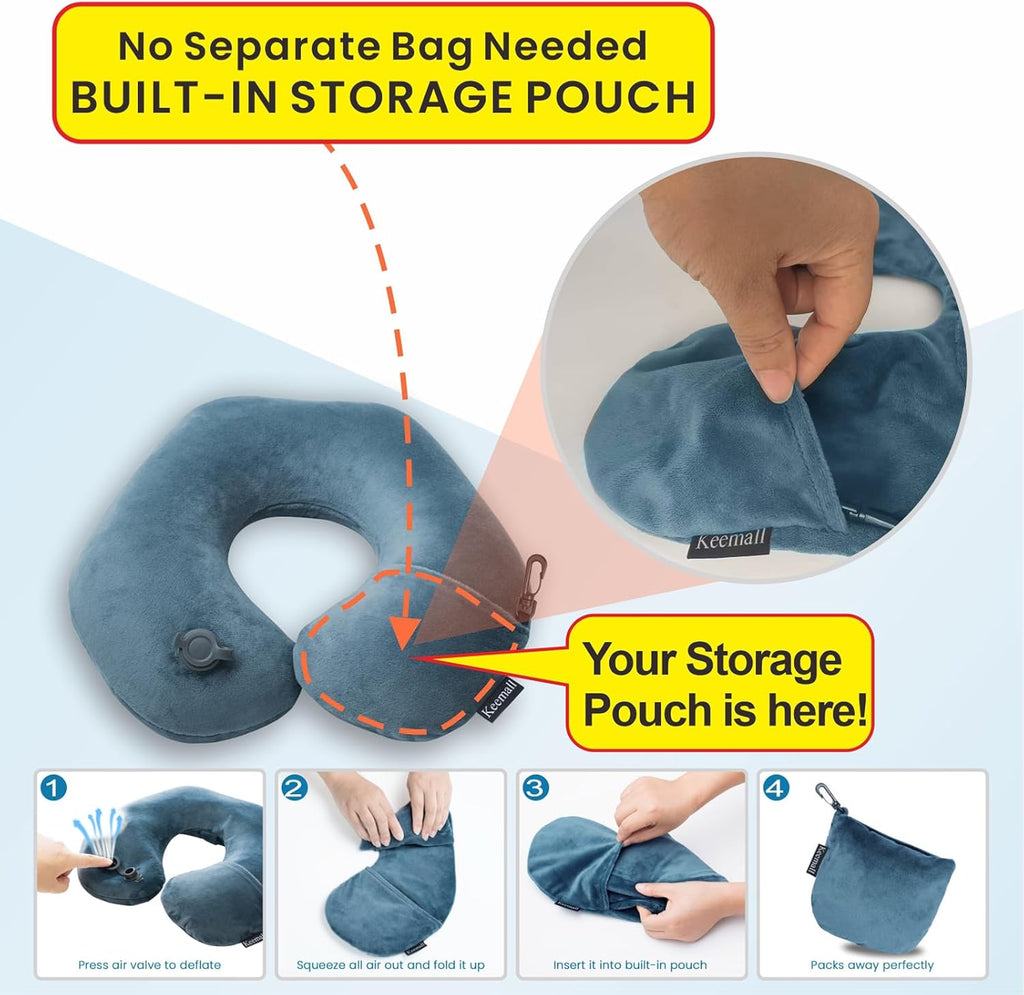 Keemall 2Pack Inflatable Travel Neck Pillow for Airplane Train Car Washable Pillowcase U Shaped Office Napping Pillow