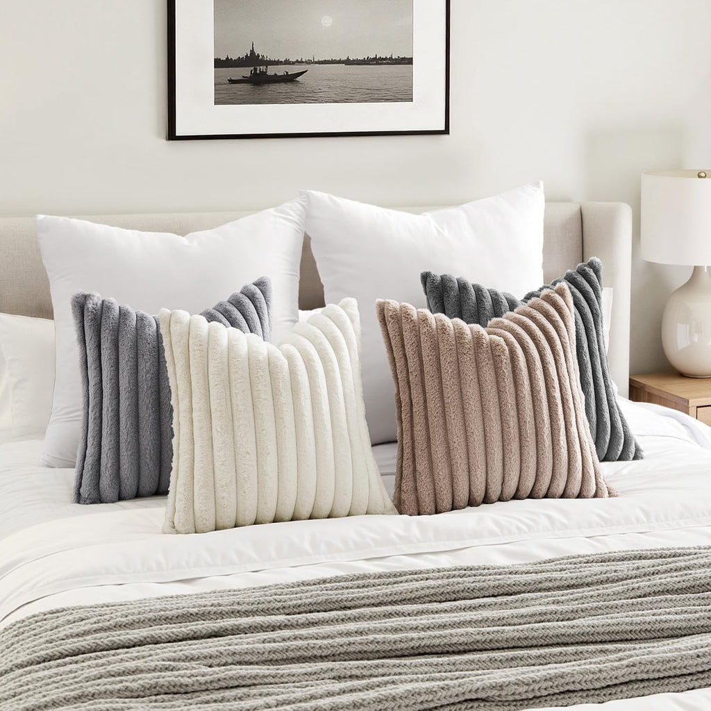 Miulee Faux Fur Plush Decorative Throw Pillow Covers 18x18 Set of 4, Boho Farmhouse Soft Fuzzy Striped Cushion Covers for Sofa Couch Bed Li…