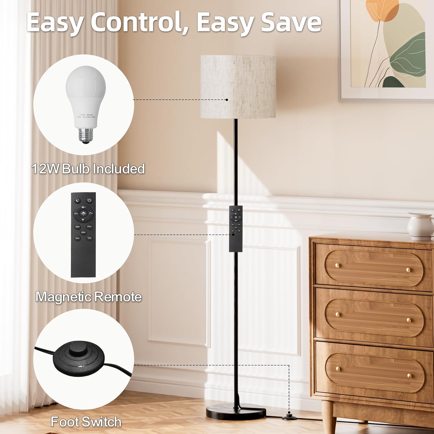 Keepsmile Dimmable Floor Lamps for LivingRoom with 12W LED Bulb, Foot Switch, Remote Custom Color Temperature Floor Light, Linen Shade…
