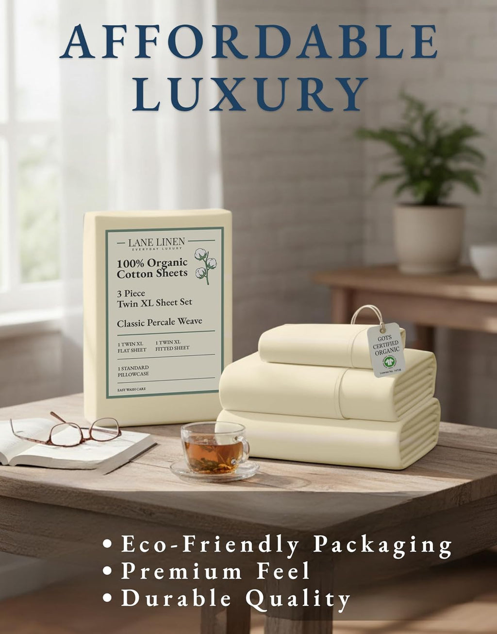 LaneLinen LANE LINEN 100% Organic Cotton Twin XL Sheets Set, 3-Piece Pure Organic Cotton Percale Sheets, Cotton Bedsheets, Ultra Soft Beddi…