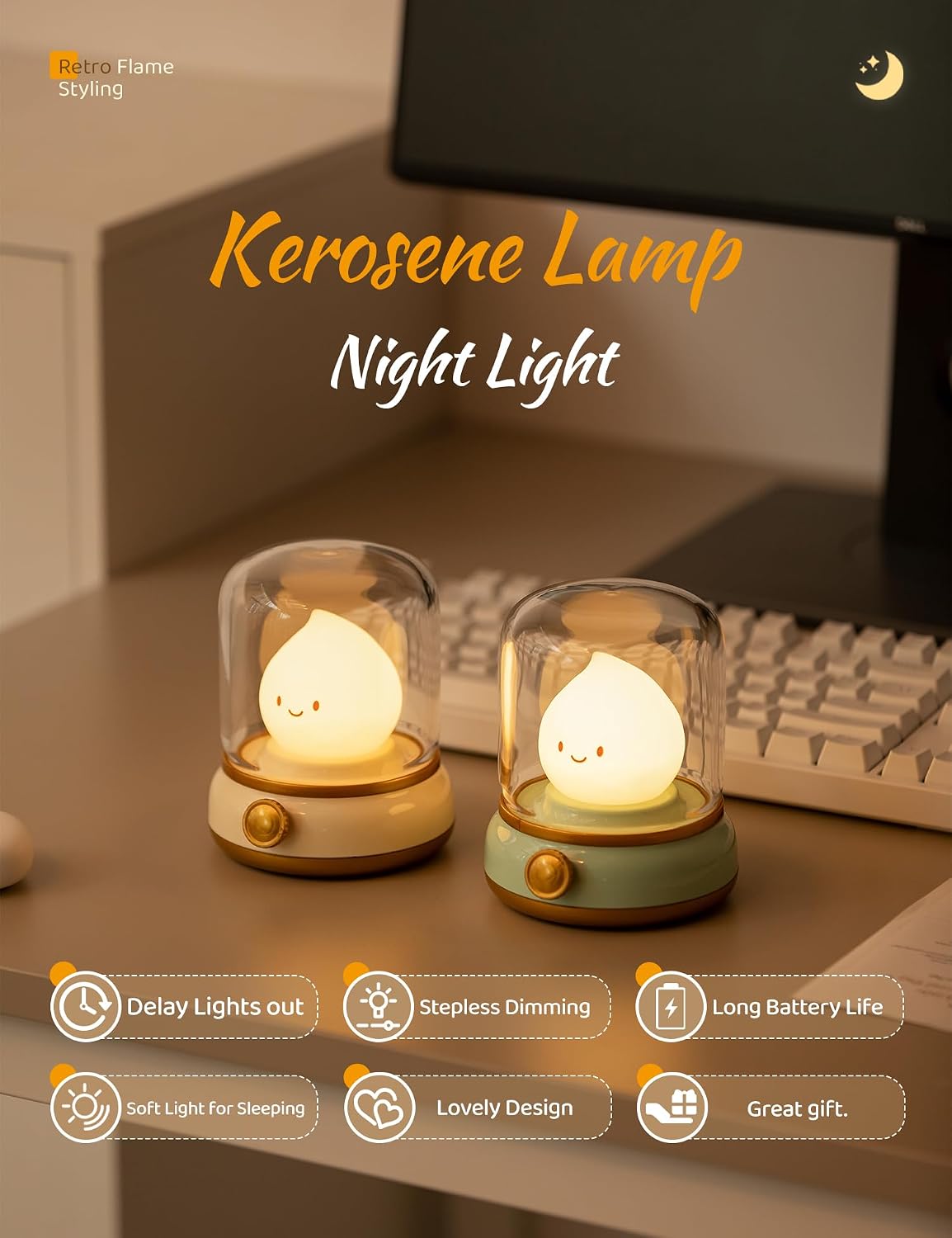 WANIDEA Cute Chibi Flame Lamp, Anime Cozy Lights, Retro Rechargeable Night Light, Decor, Cute Desk Accessories, Gifts 2 Pack (Yellow and…