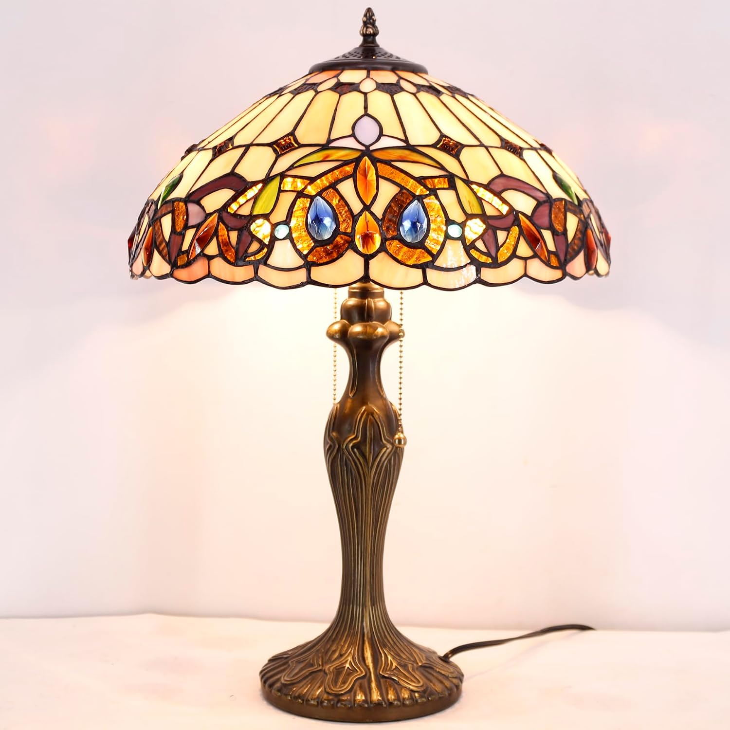 WERFACTORY Tiffany Style Table Lamp Colorful Stained Glass Serenity Victorian Bedside Lamp16X16X24 Inches Desk Light Metal Base Decor…