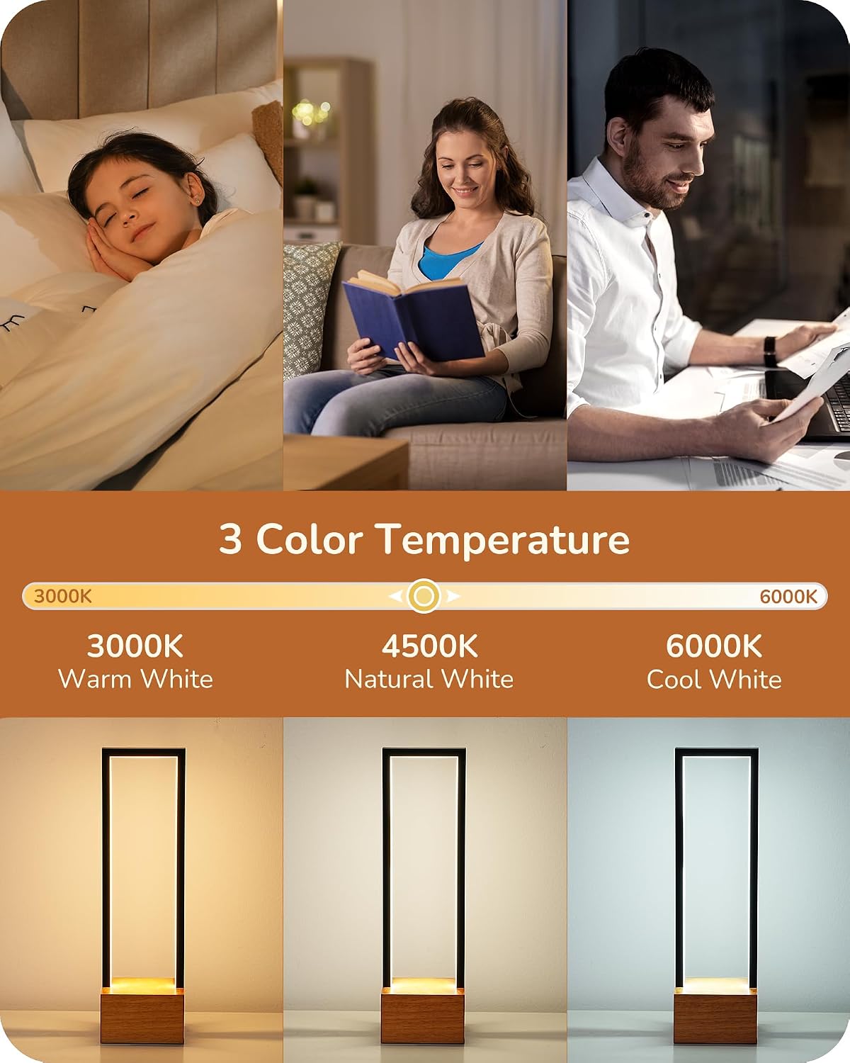 EDISHINE LED Table Lamp, Wooden Bedside Lamp with 3 Color Temperatures, Dimmable Square Nightstand Lamp for Bedroom Living Room, Complete…