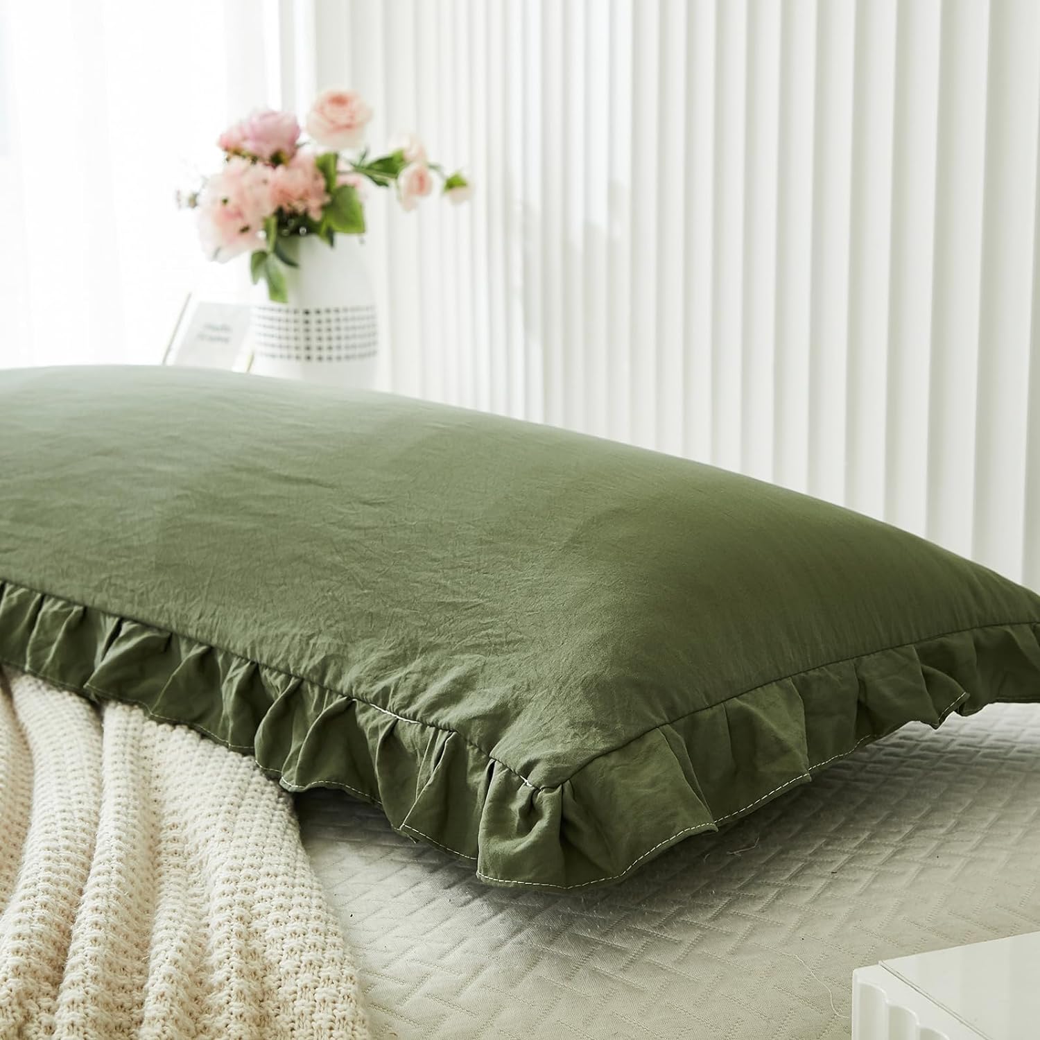 Merryword Shabby Chic Olive Green Body Pillow Cover - 20x54in Long Pillowcase with Ruffled Fringe Decor Green