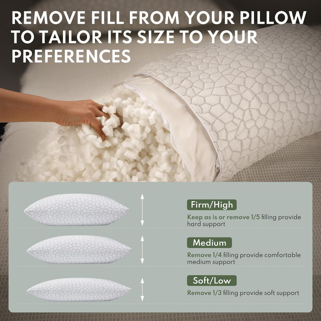 Heycuzi Pillows Queen Size Set of 2 - Cooling Shredded Memory Foam Pillow for Sleeping 2 Pack, Adjustable Cool Bed Pillows for Side, Back,…