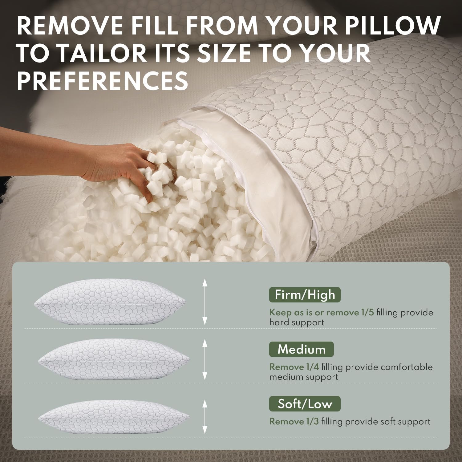 Heycuzi Pillows Queen Size Set of 2 - Cooling Shredded Memory Foam Pillow for Sleeping 2 Pack, Adjustable Cool Bed Pillows for Side, Back,…