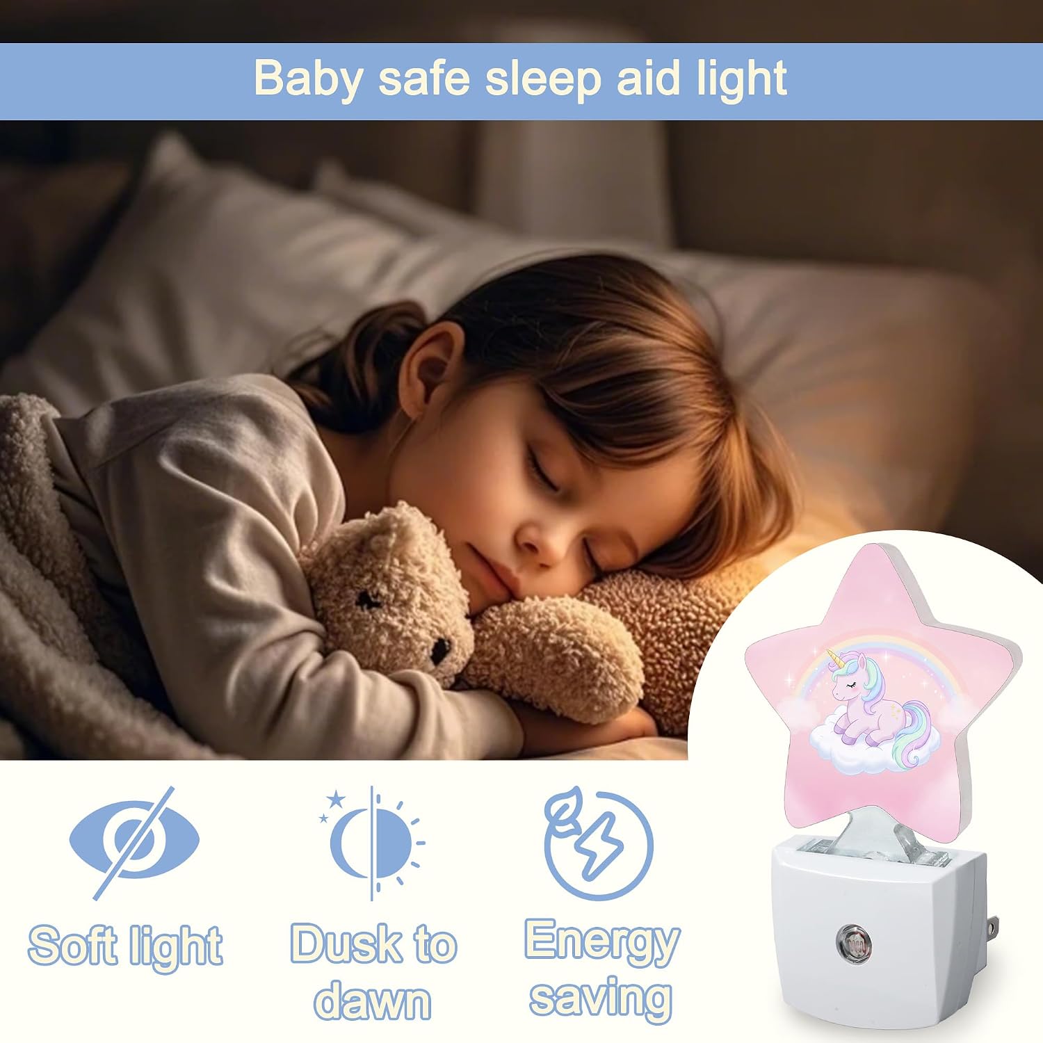 Snowmolle Rainbow Unicorn Dusk to Dawn Star Night Light, Cute Pink Sky Smart Sensor Nightlight for Bedroom Kitchen Hallway Stairs, Plug-in En…