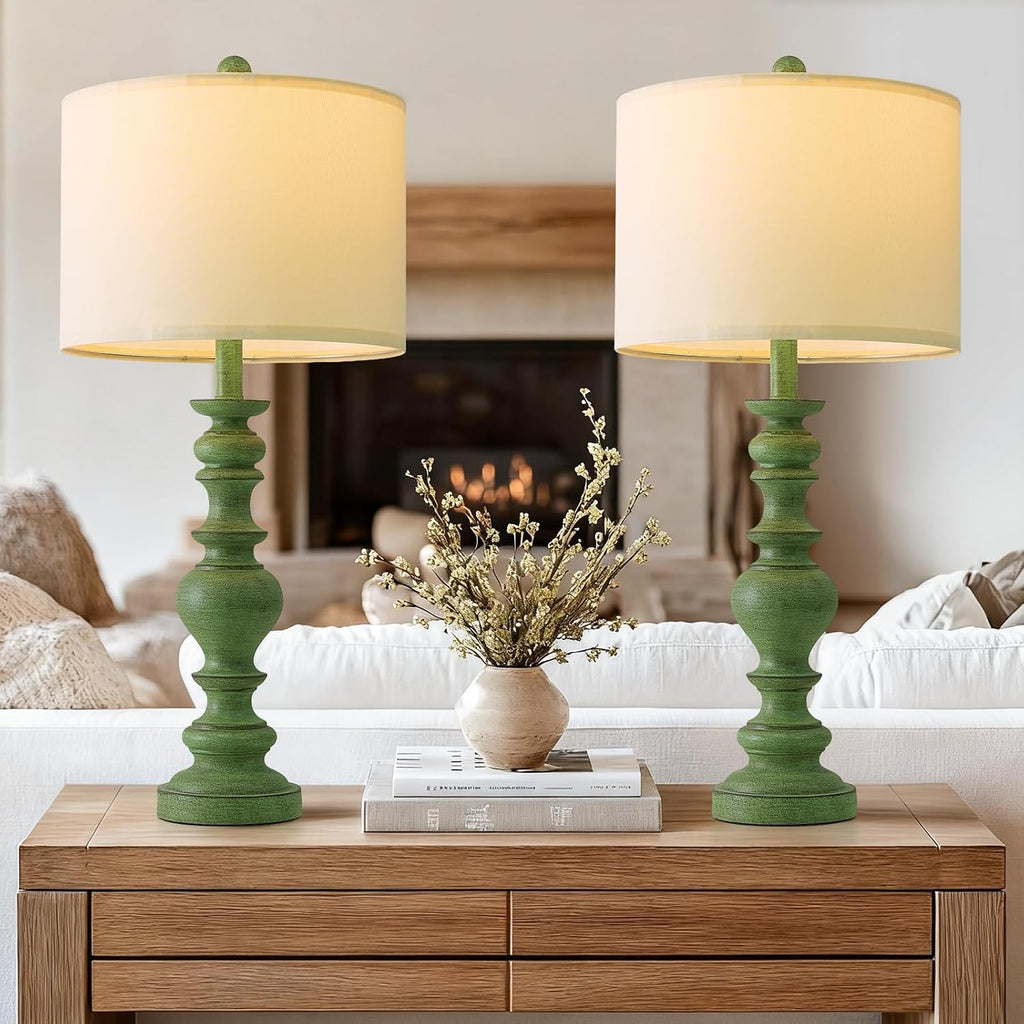 BOBOMOMO 27" Sage Green Table Lamps Set of 2, Large Farmhouse Resin Lamps with Linen Shades, Green Vintage Lamps for Living Room…