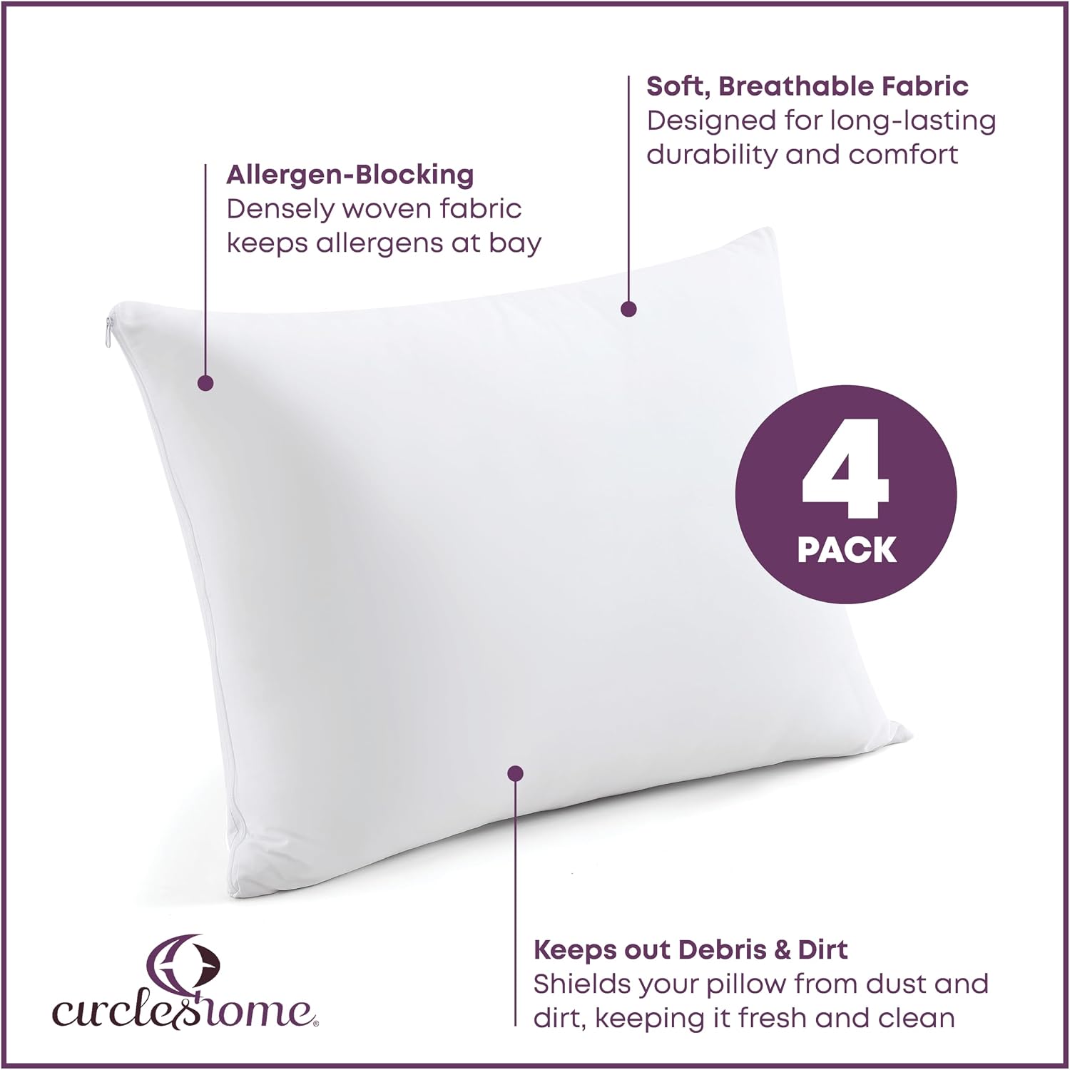 CirclesHome Pillow Protectors 4 Pack Queen Zippered - 100% Cotton Breathable Pillowcases - Protects Pillows from Dirt, Dust and Debris…