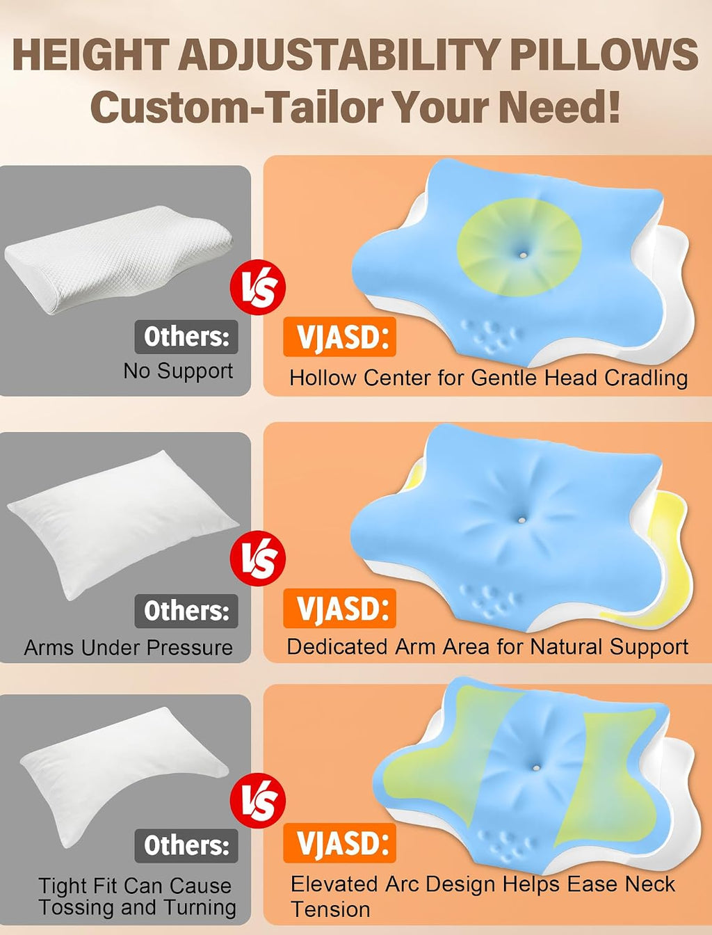 Vjasd Cervical Neck Pillow for – Ergonomic Memory Foam Pillow for Side Sleeper Contour Orthopedic Bed Pillow for Neck Support with Cooling…