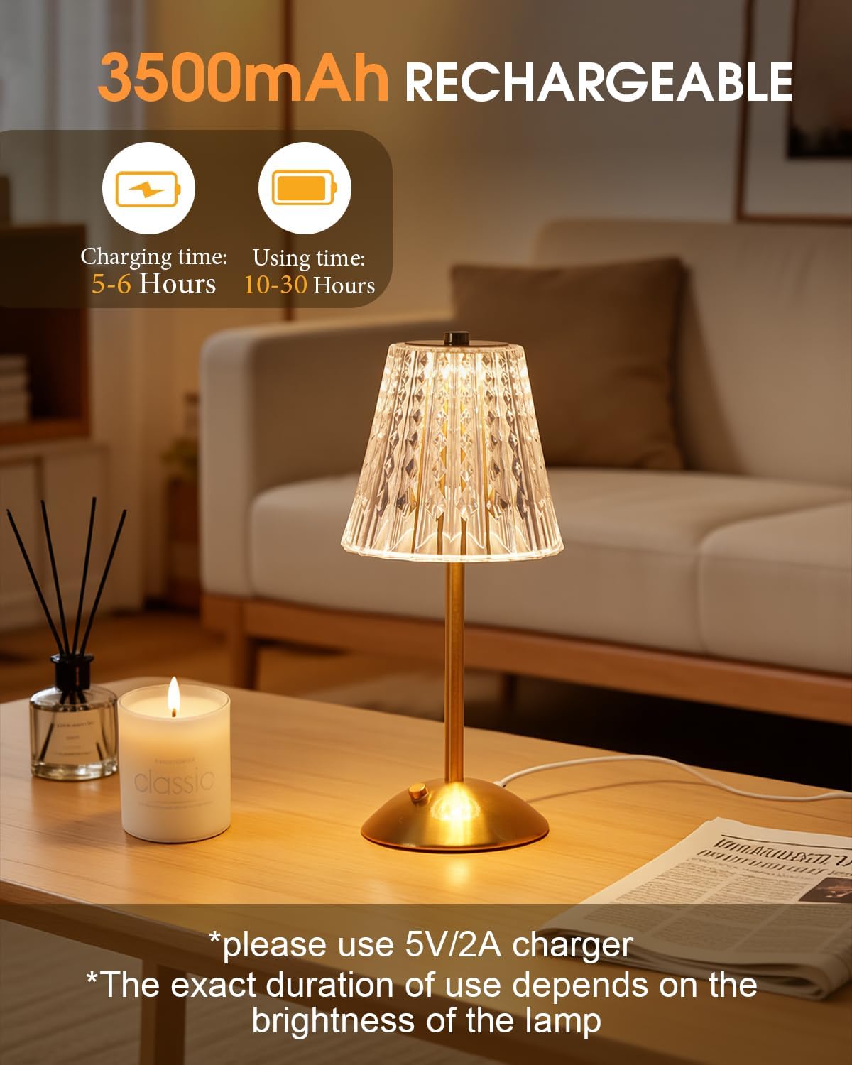 Nusogon Cordless Touch Table Lamp, Classic Edition Rechargeable Small Desk Lamp, 3 Color Dimmable Crystal Lamp for Bedroom, Restaurant…
