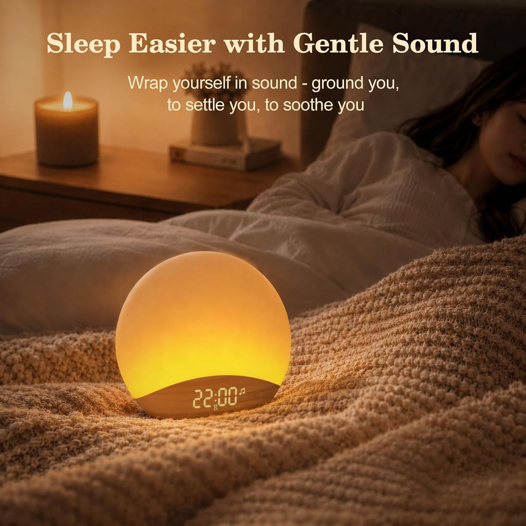 REACHER Wood Grain Sunrise Alarm Clock and Sound Machine Nightlight, Digital Dimmable Clock for Bedroom, 26 Sleep Sounds, White Noise…
