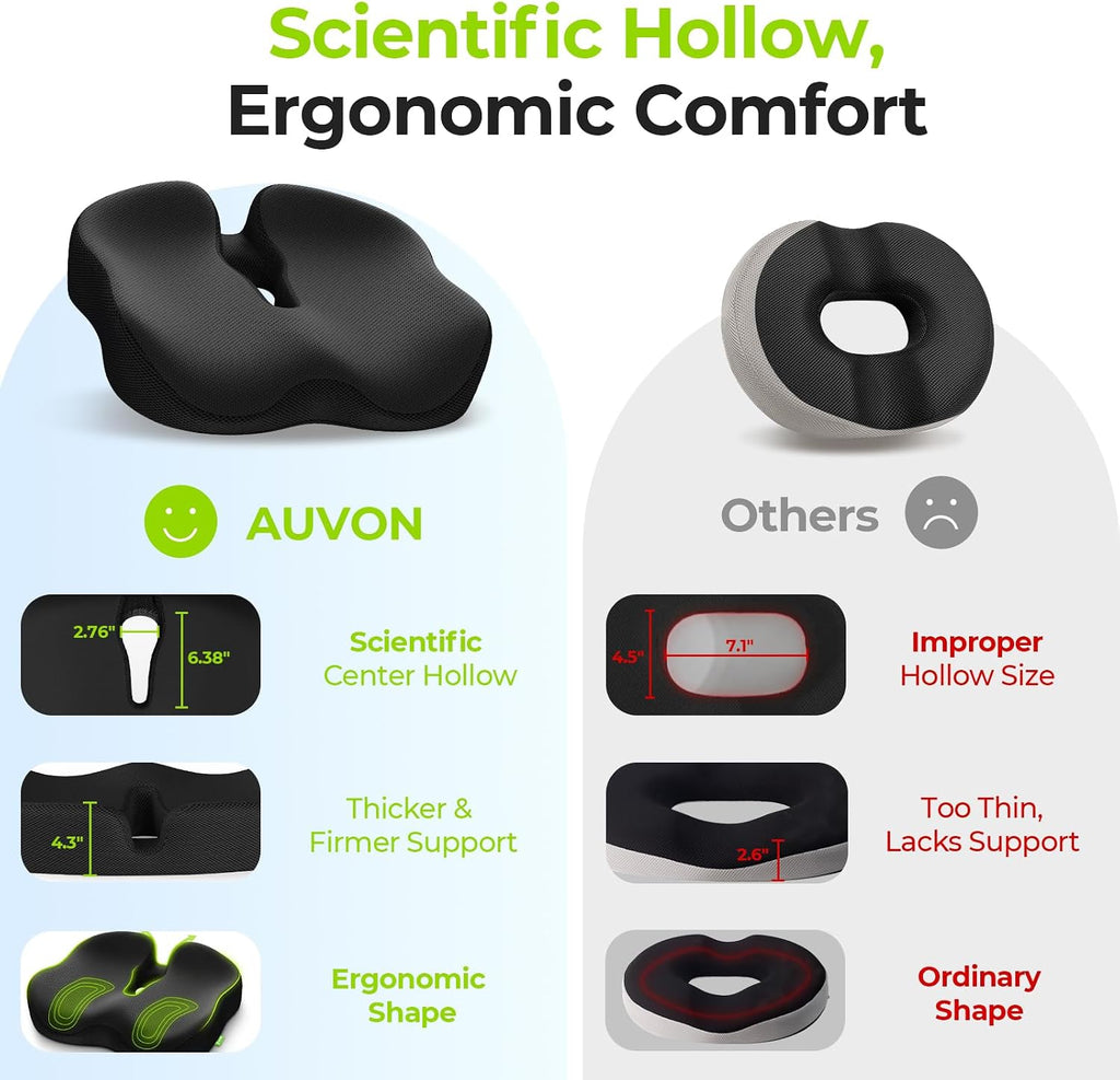 Auvon Ergonomic Donut Pillow Seat Cushion for Hemorrhoid & Tailbone, Thick Memory Foam Chair Cushion with Firm Support for Coccyx, Sciatic…