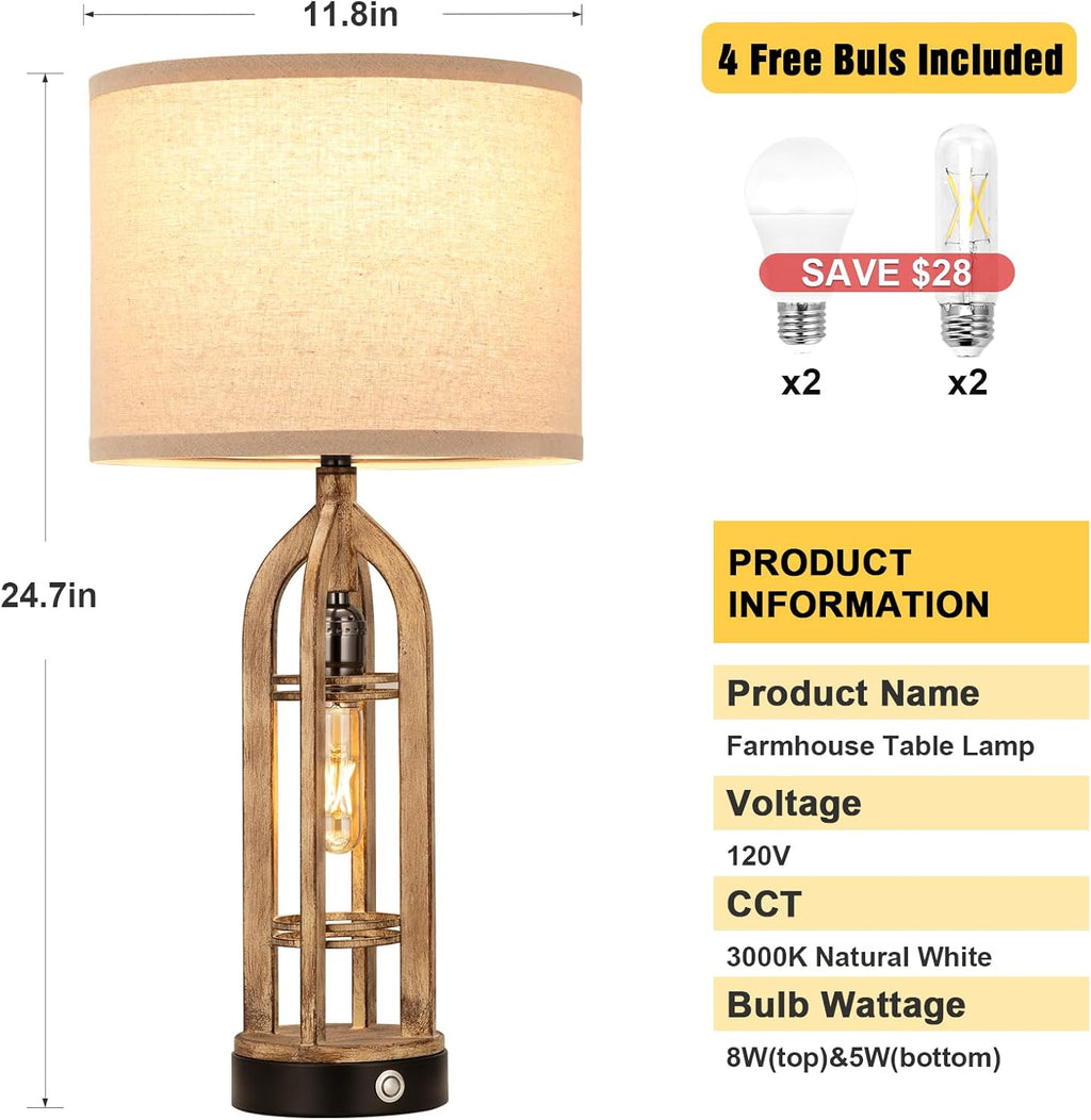 Seealle Table Lamp for Living Room Set of 2 - Wood-Like Bedside Lamp for Bedroom with USB C+A & Outlet, Farmhouse Lamps for Night Stands…