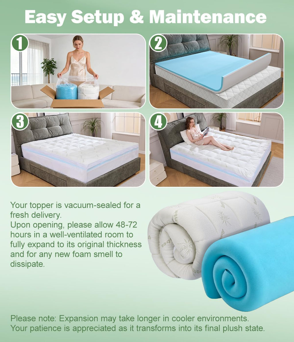 FrachoLLC Fracho 4 Inch Dual Layer Memory Foam Mattress Topper Full, 2-in-1 Adjustable Design with 2" Bamboo Rayon Pillow Top & 2" Cooling…