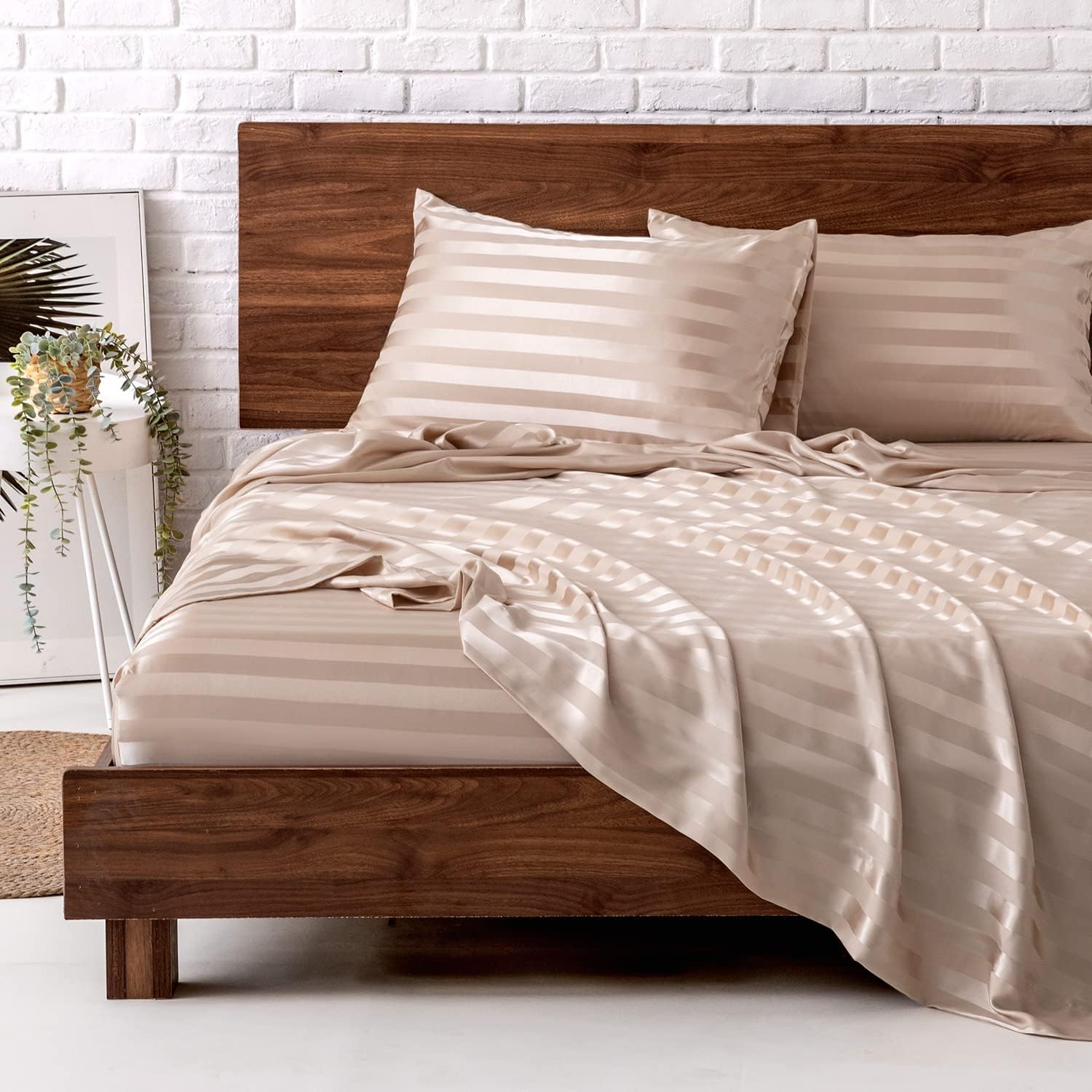 MR&HM Satin Bed Sheets, Full Size Sheets Set, 4 Pcs Silky Bedding Set with 15 Inches Deep Pocket for Mattress (Full, Champagne Striped…