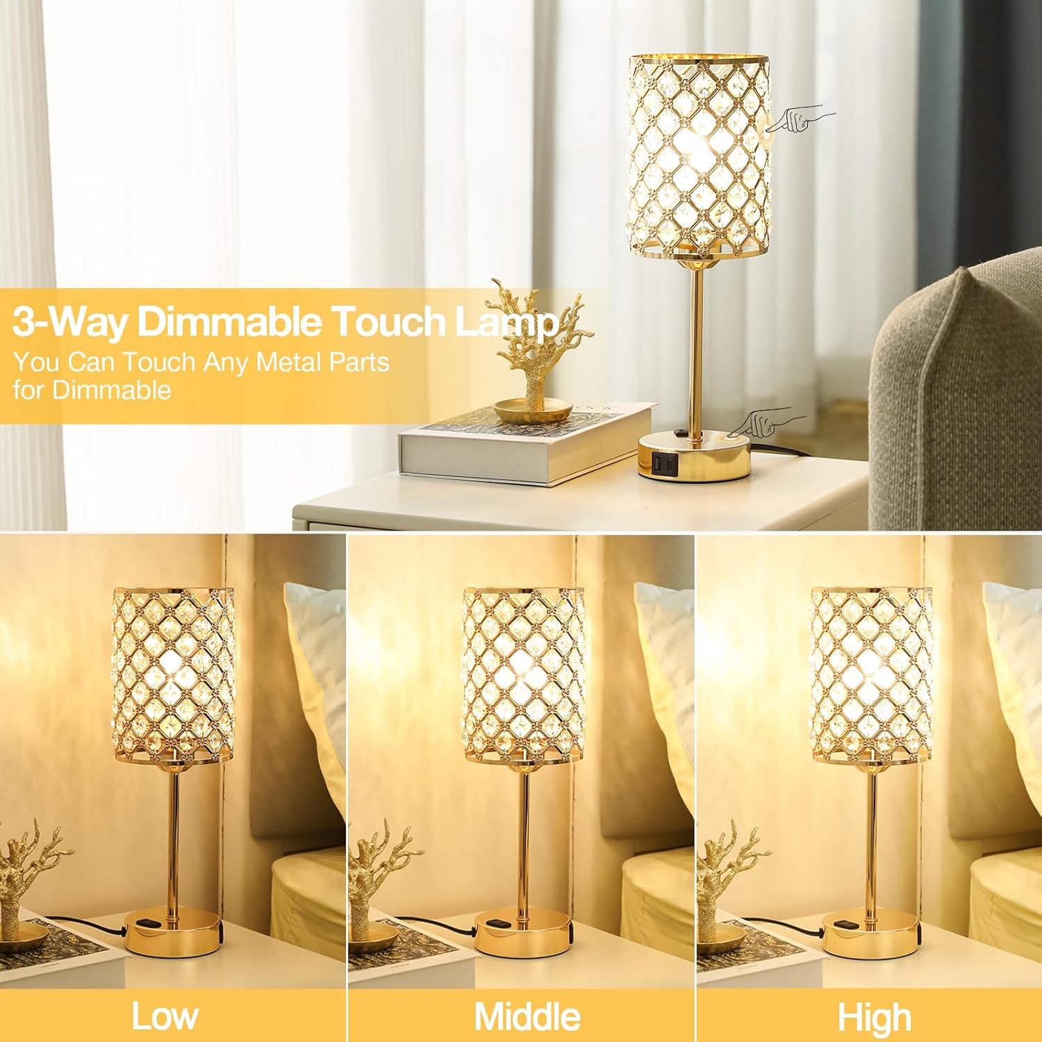 Touch Control Crystal Table Lamp-Dimmable Nightstand Lamp with USB-C+A & AC Charging Ports, 3-Way USB Gold Lamp, Bedside Desk Light for…