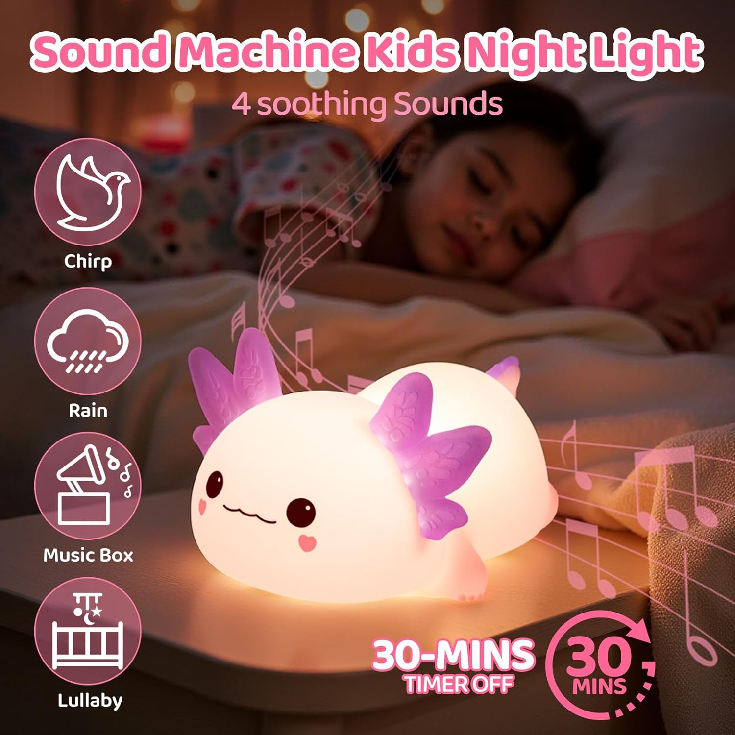 Mewaii Huggwaii Squishy Axolotl Night Light for Kids, 4 Soothing White Noise Sounds, Dimmable Silicone Axolotl Lamp Toddler Light…
