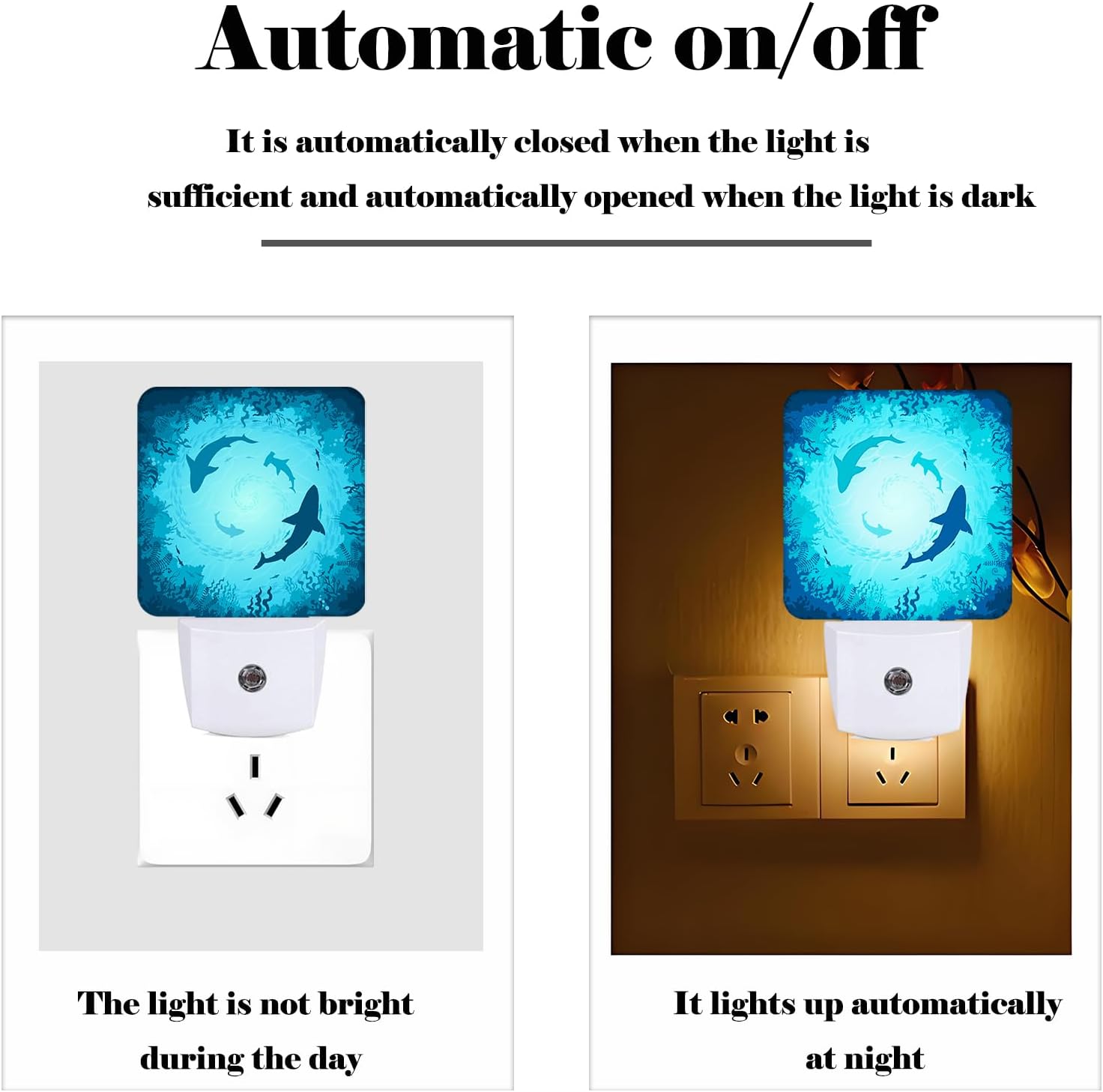 Floating Sharks Night Light, Plug Into Wall with Dusk to Dawn Light Sensors, Warm Nightlights for Bedroom, Bathroom, Hallway, Kitchen…