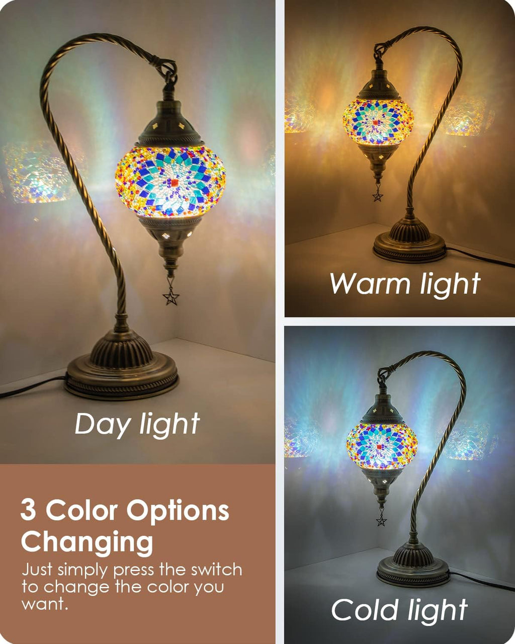 Yarra-Decor Turkish Moroccan Lamp with Bronze Base 3 Color Options Handmade Swan Neck Tiffany Mosaic Glass Bedside Lamps for Bedroom (LED…