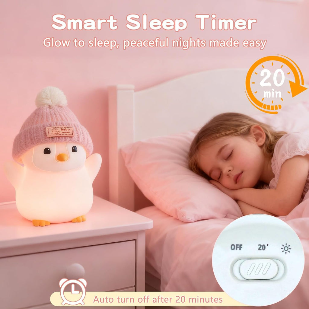 FAMIDUO-BrightenYourLife FAMIDUO Penguin Night Light, Cute Pink Penguin Lamp with Knit Hat, Soft Silicone Nursery Nightlight for Baby, Rech…