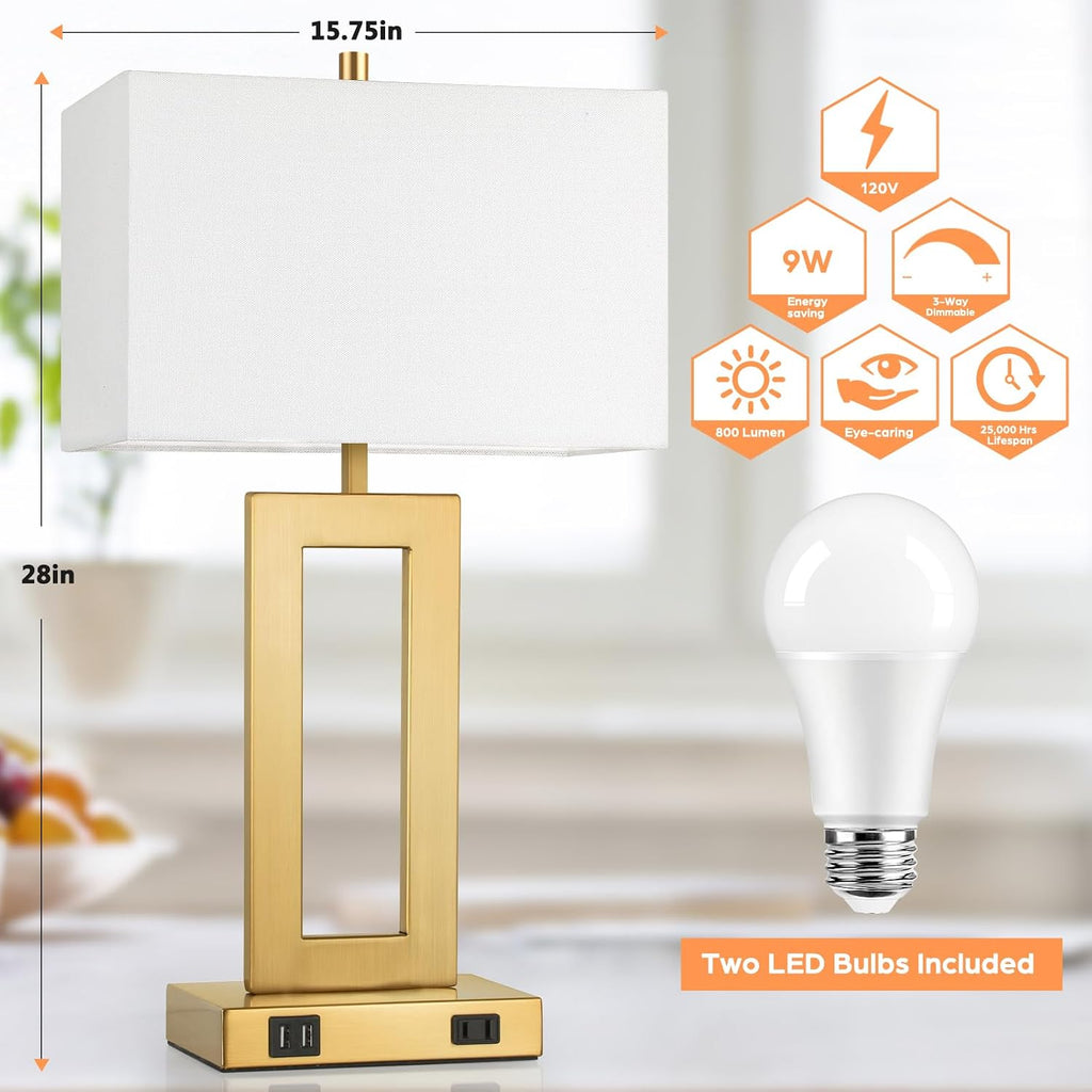 Tobusa Modern Vintage Gold Table Lamp Set of 2, 28inch Tall Lamps for Living Room Bedroom with 2 USB Ports&AC Outlet, 3 Way Dimmable Touch…