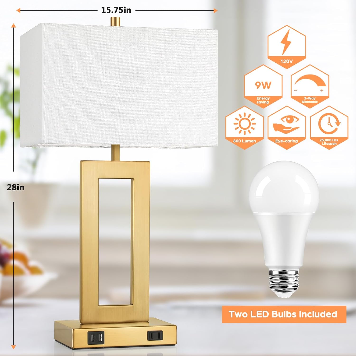 Tobusa Modern Vintage Gold Table Lamp Set of 2, 28inch Tall Lamps for Living Room Bedroom with 2 USB Ports&AC Outlet, 3 Way Dimmable Touch…