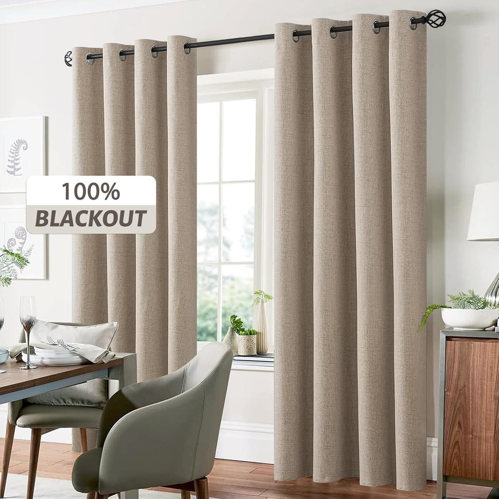 Yakamok Natural Linen Curtains 100% Blackout 63 Inches Long, Room Darkening Textured Curtains for Living Room Thermal Grommet Bedroom Curtai…
