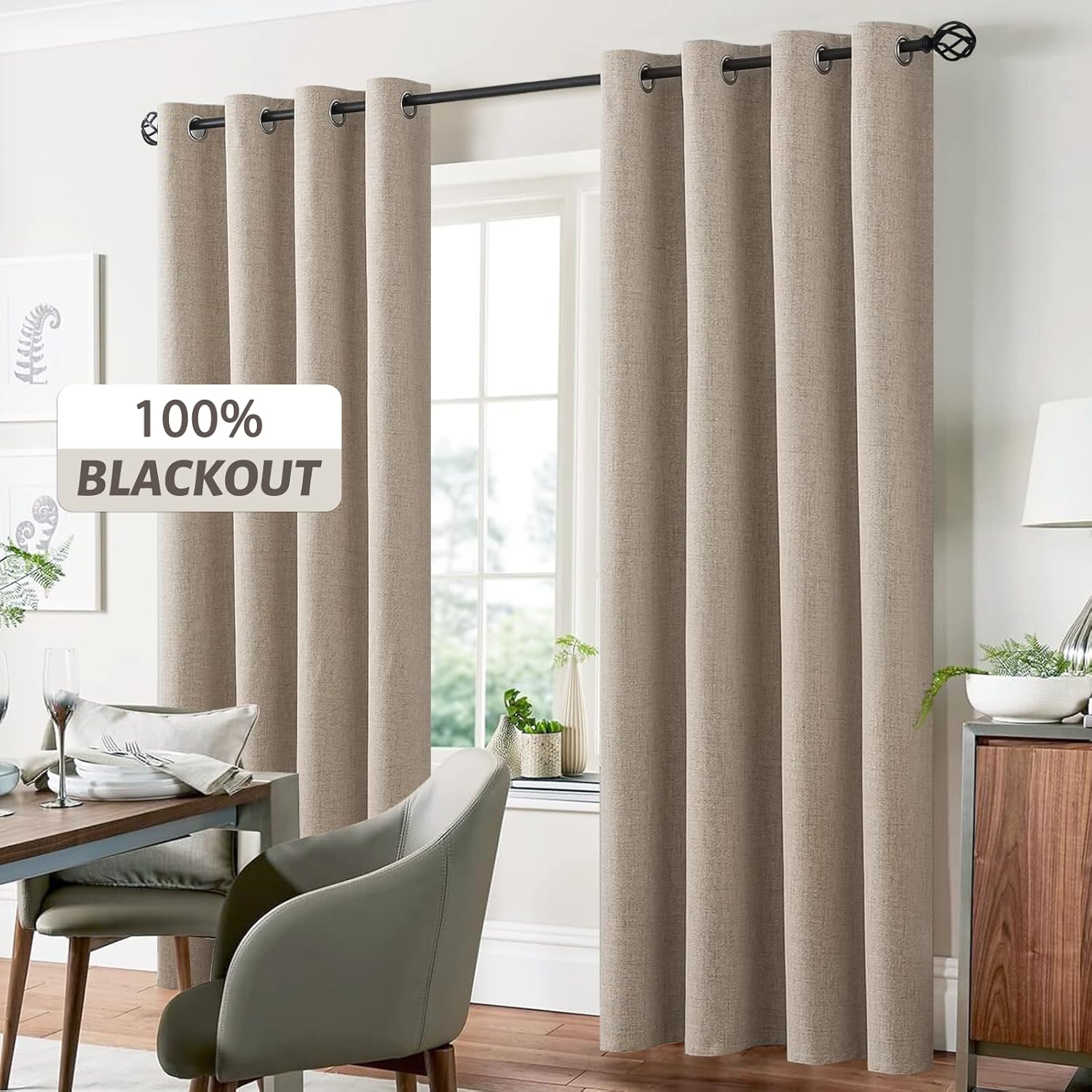 Yakamok Natural Linen Curtains 100% Blackout 63 Inches Long, Room Darkening Textured Curtains for Living Room Thermal Grommet Bedroom Curtai…