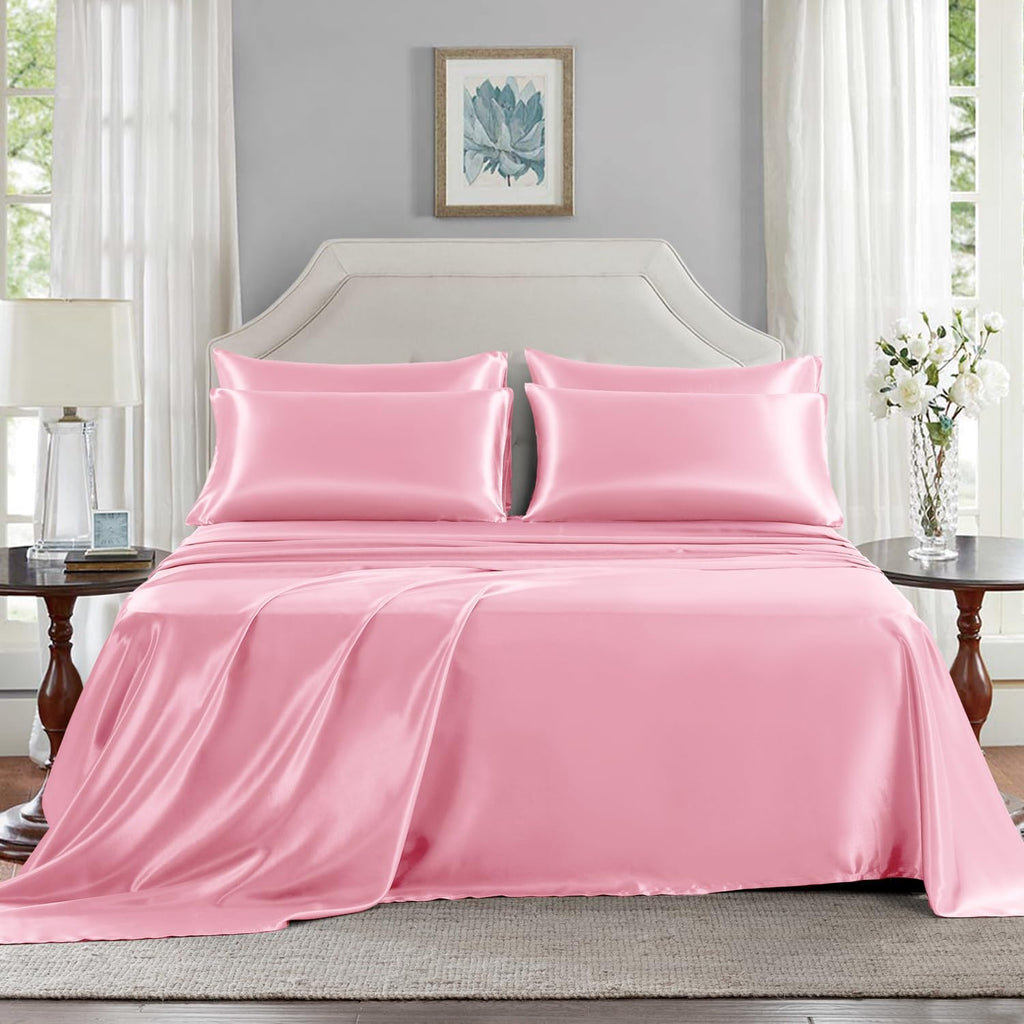 Golal Satin Sheets Full Size - 6 Pieces Luxury Silky Soft Bed Sheets, Wrinkle-Free Light Pink Satin Silk Sheet Set with 1 Deep Pocket Fitte…