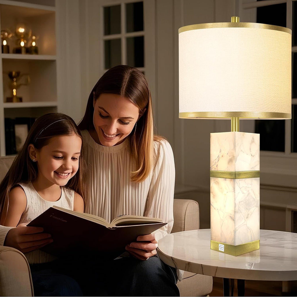 Natural Alabaster Table Lamps Set of 2 - Table Lamp with Night Light for Bedroom, Nightstand Lamps with USB Ports, Bedside Lamps with Linen…