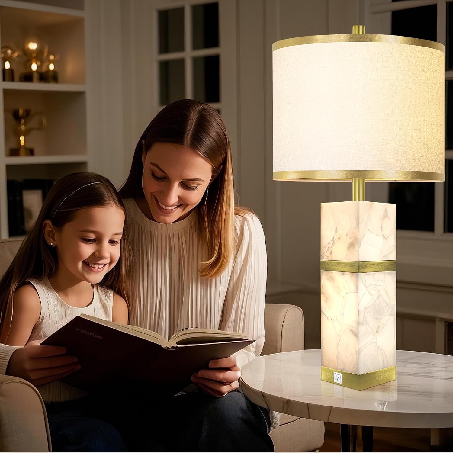 Natural Alabaster Table Lamps Set of 2 - Table Lamp with Night Light for Bedroom, Nightstand Lamps with USB Ports, Bedside Lamps with Linen…