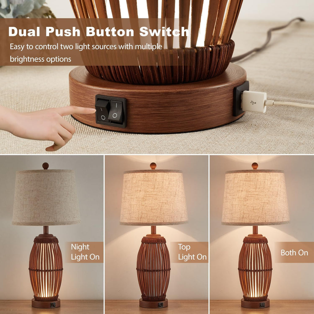 27” Vintage Bamboo Woven Table Lamps Set of 2, Farmhouse Rattan Bedside Lamps for Bedroom Livingroom Office Study with Nightlight and USB…