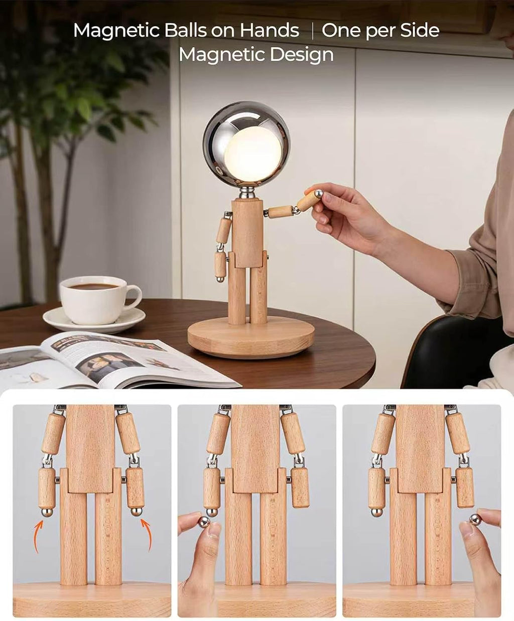 Rechargeable Cordless Desk Lamp, Creative Wooden Table Lamp with 3 Color &Stepless Dimming, Adjustable Pause Moon Lamp, Unique Decorative…