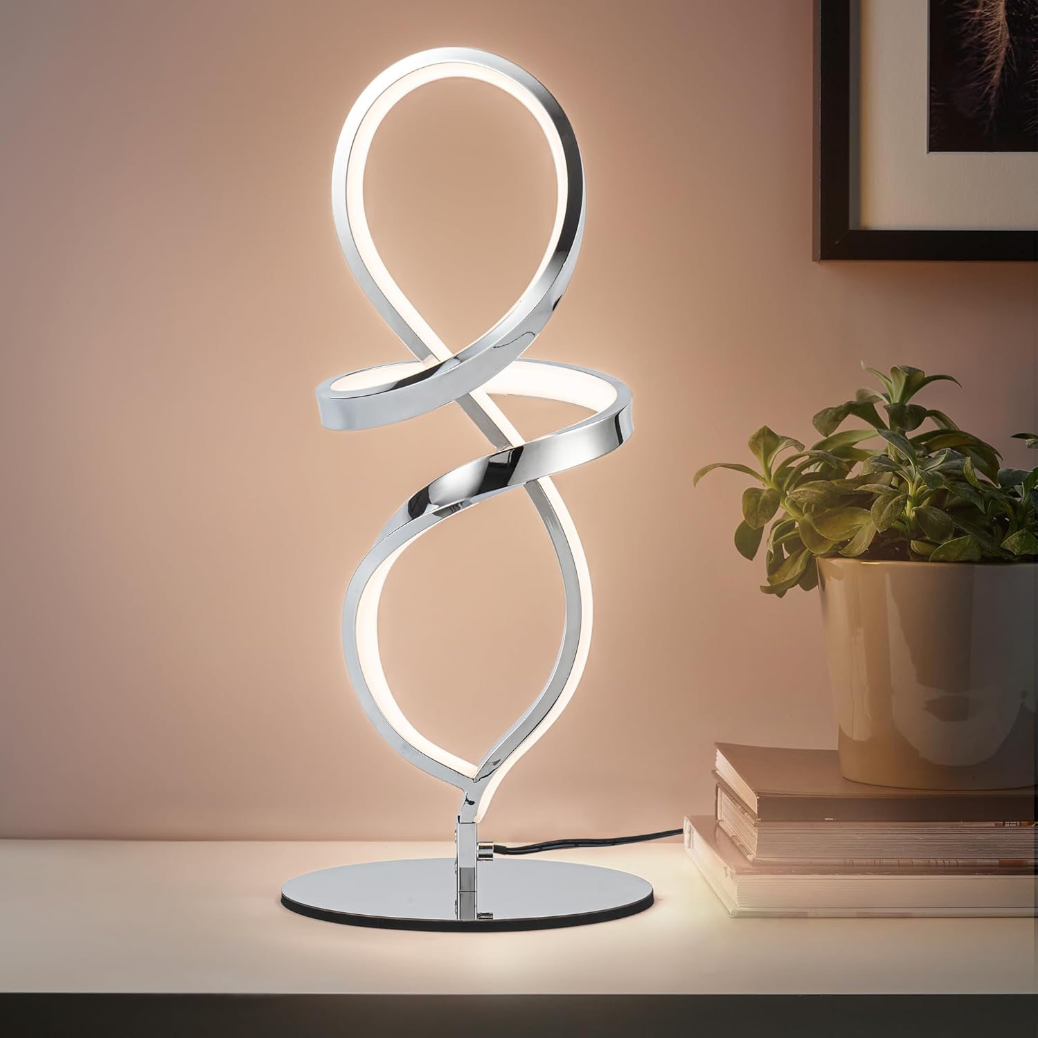 Mayful Modern Table Lamp with LED Unique Spiral Design, Small Nightstand Lamp with Stepless Dimming Switch, Chrome Bedside Lamps for…