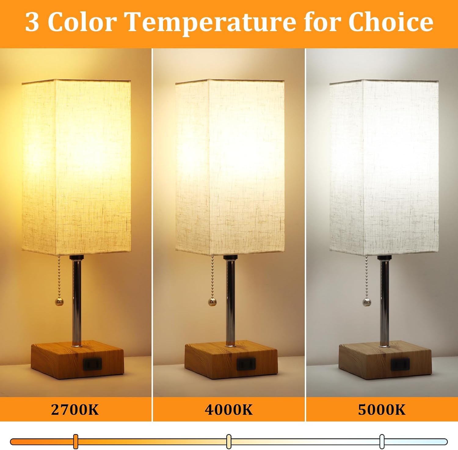 Table Lamp for Bedroom set of 2,3-Color Bedside Lamps with Pull Chain Table Lamps for Nightstand with AC Outlets, Small Night Light Lamps…