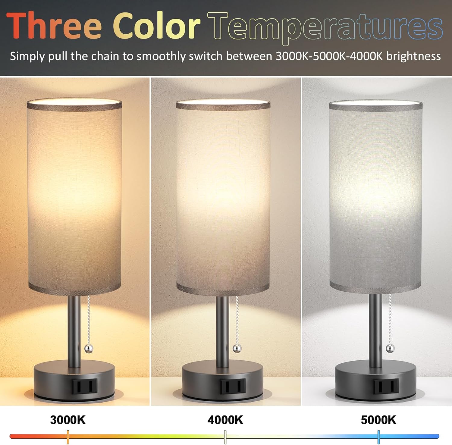 Fenmzee Dark Grey Bedside Table Lamps Set of 2-3 Color Temperatures Pull Chain Lamp with AC Outlet Charging Port, Small Round Night Stand…