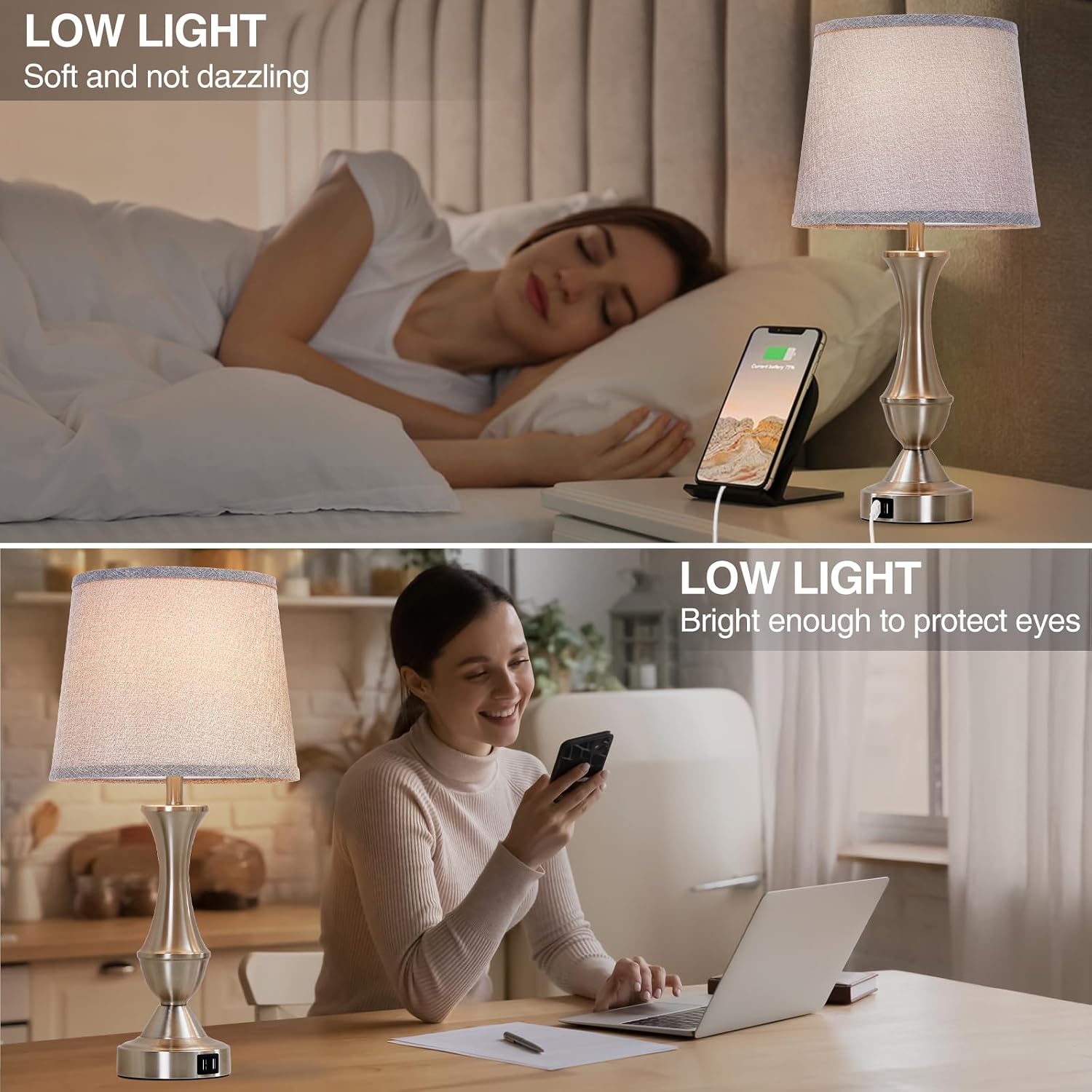 Touch Table Lamps Set of 2, 22" Tall Bedside Lamps, Nightstand Lamps with USB C+A Charging Ports, Dimmable Lamp for Bedrooms, Living…