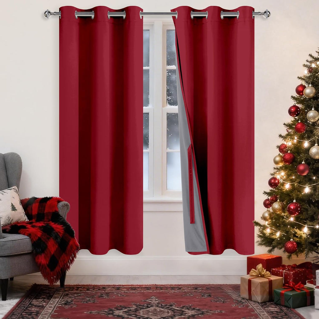 Xwzo 100% Blackout Curtains 63 Inches Length - Heat and Light Blocking Ring Top Window Drapes with Black Liner Backing for Bedroom Sewn wit…