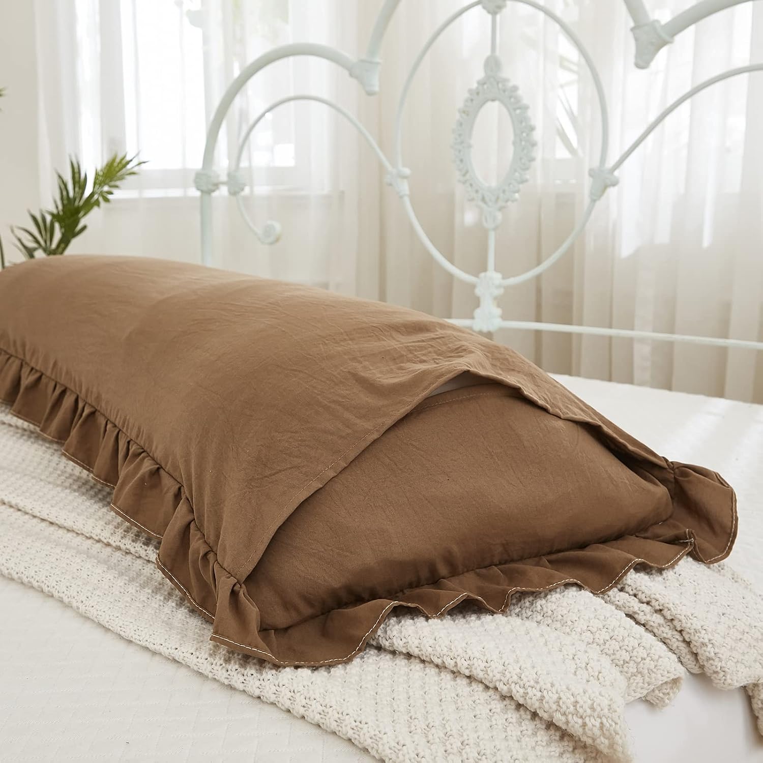 Merryword Brown Body Pillow Cover 20x54inches Long Pillowcase Ruffled Pillowcases Shabby Chic Ruffled Fringe Decor Body Ruffled Pillow Sham…