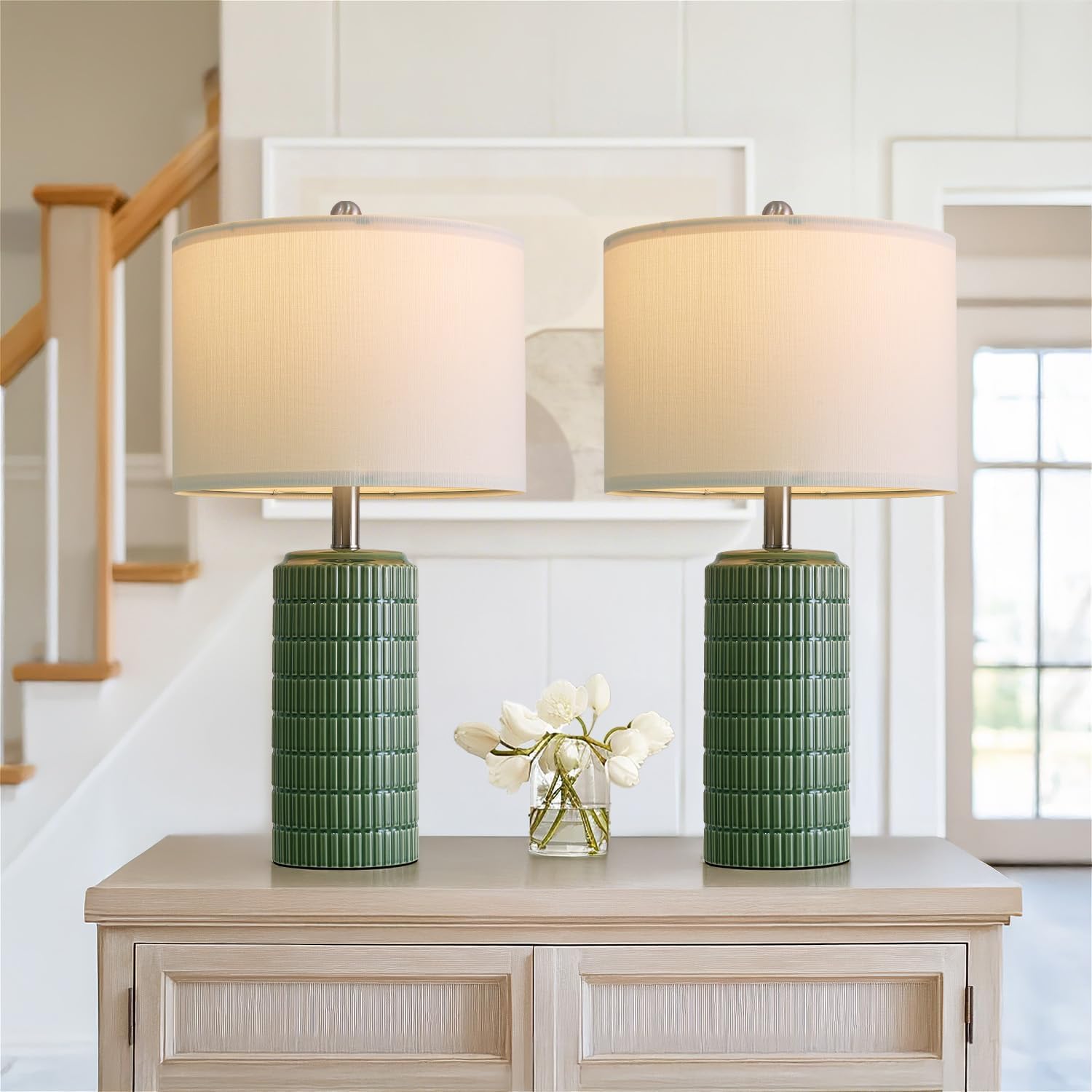PoKat 23" Dark Green Ceramic Table Lamps Set of 2, Modern Table Lamps for Living Room, Farmhouse Lamps for Bedroom Night Stands…
